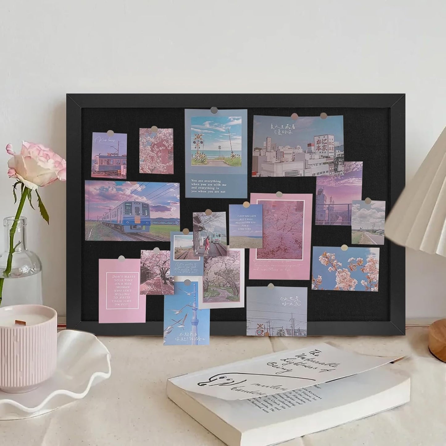 Black Cork Board Bulletin Board 16.7" x 11", 2-Pack Small Linen Corkboards with Frame for Walls, Cute Picture Display Pin Board Vision Board for Room School Office Bedroom 25 Pushpins - Lumora Desk