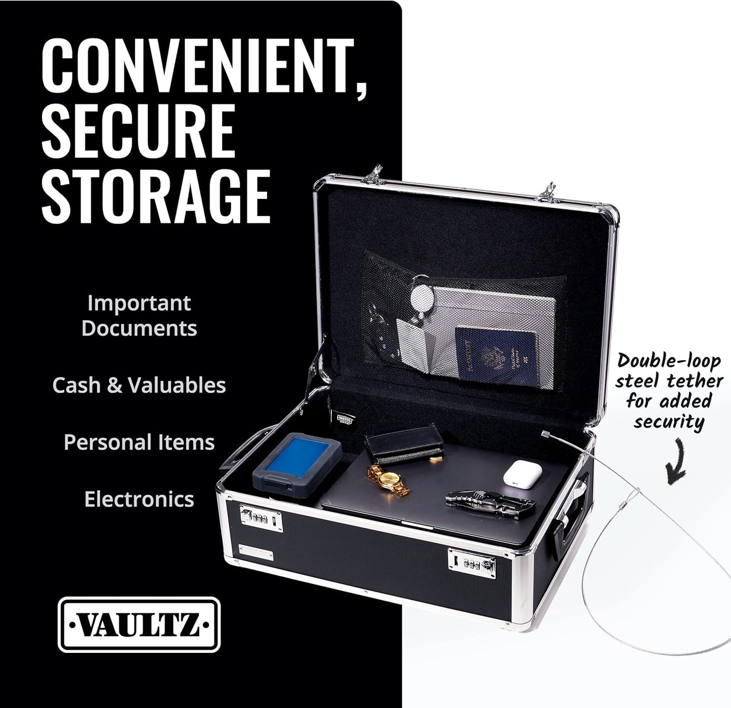 Vaultz Storage Lock Box - 6.5 x 23 x 13.5 Inch - Secure Dorm Storage Trunk with Combination Lock - Ideal Briefcase, Medicine Box, and Personal Item Lock Box - Store Cash, Laptop - Black/Silver