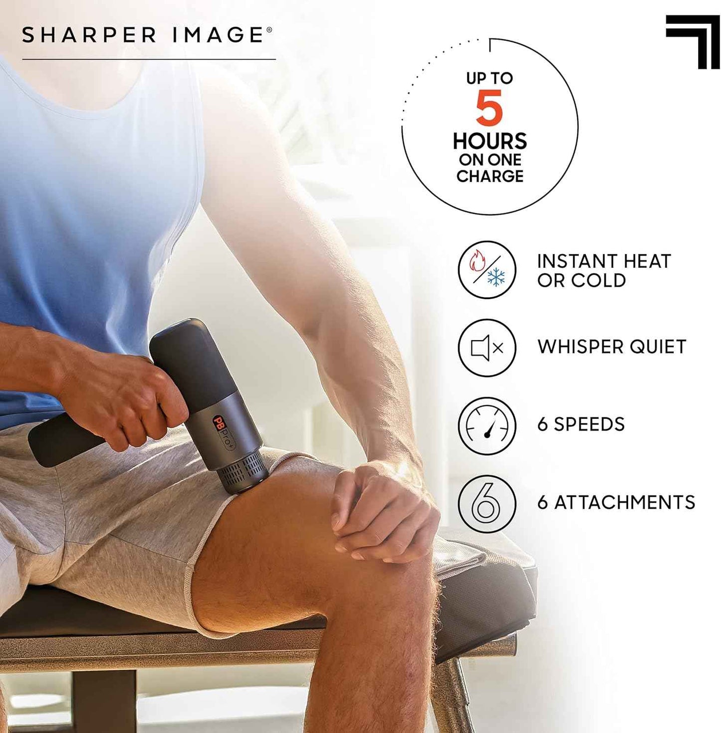 Sharper Image Deep Tissue Percussion Massage Gun, Powerboost Pro+ Hot & Cold Rechargeable Handheld Massager, 6 Adjustable Speeds, 6 Attachment Heads & Carrying Case, Muscle Pain Relief, Black