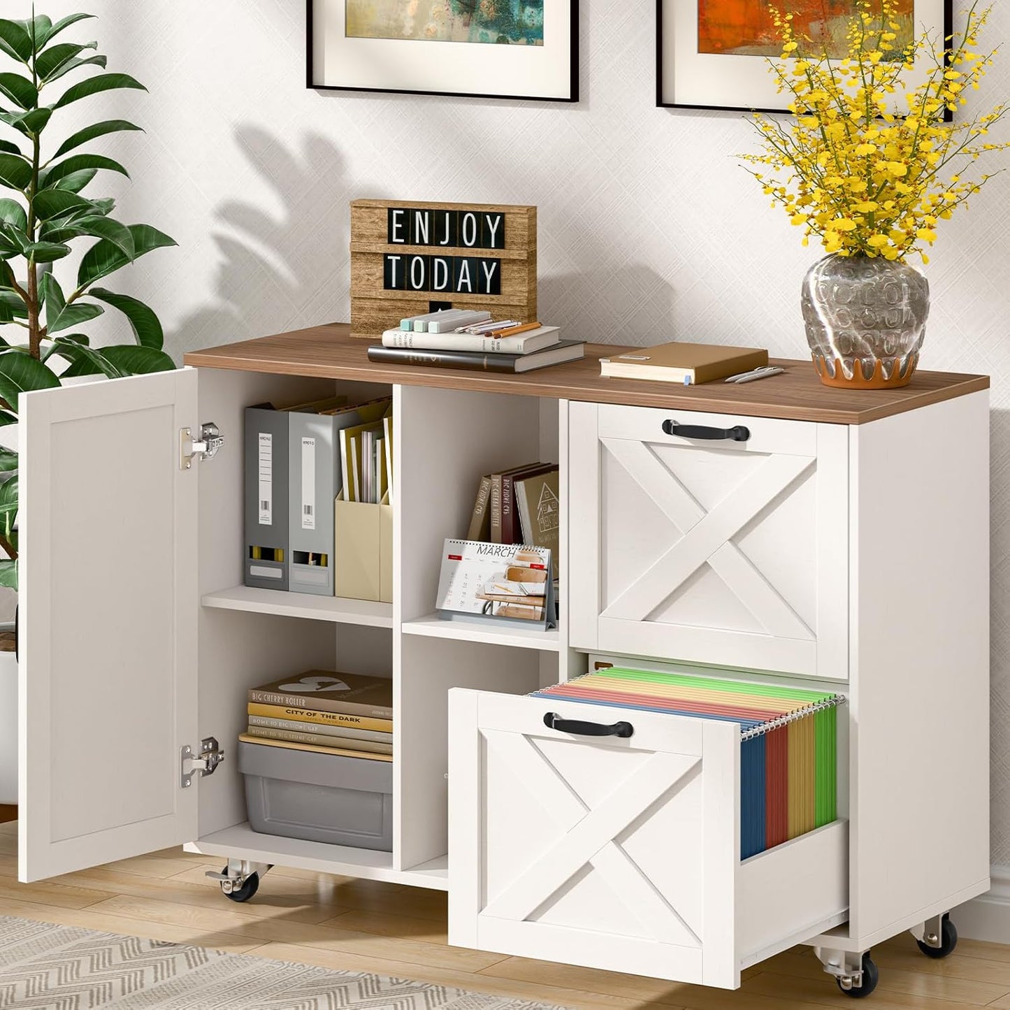 Lateral File Cabinet with 2 Drawers and Door, Mobile Farmhouse File Cabinet for Letter/A4 Size Hanging Files, Large Wood File Storage Cabinets Printer Stand for Home Office, White