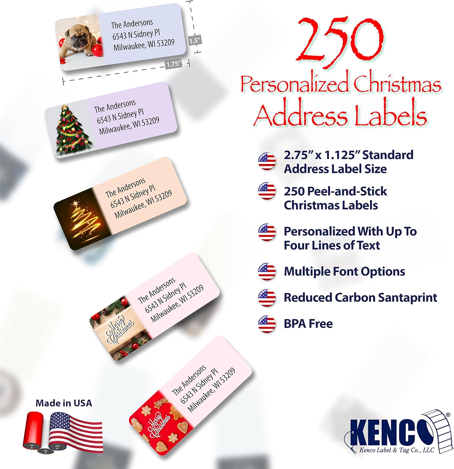 Customized Personalized Address Labels - Made in The USA by Kenco (250 Labels, Christmas) - Lumora Desk
