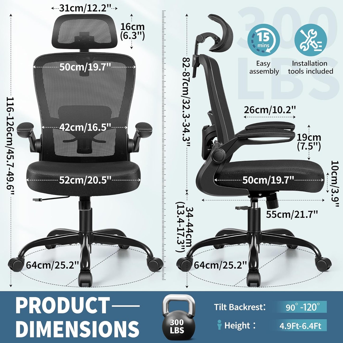 FelixKing Ergonomic Office Chair, Headrest Desk Chair with Adjustable Lumbar Support, Home Office Swivel Task Chair with High Back and Armrest, Adjustable Height Gaming Chair(Black)