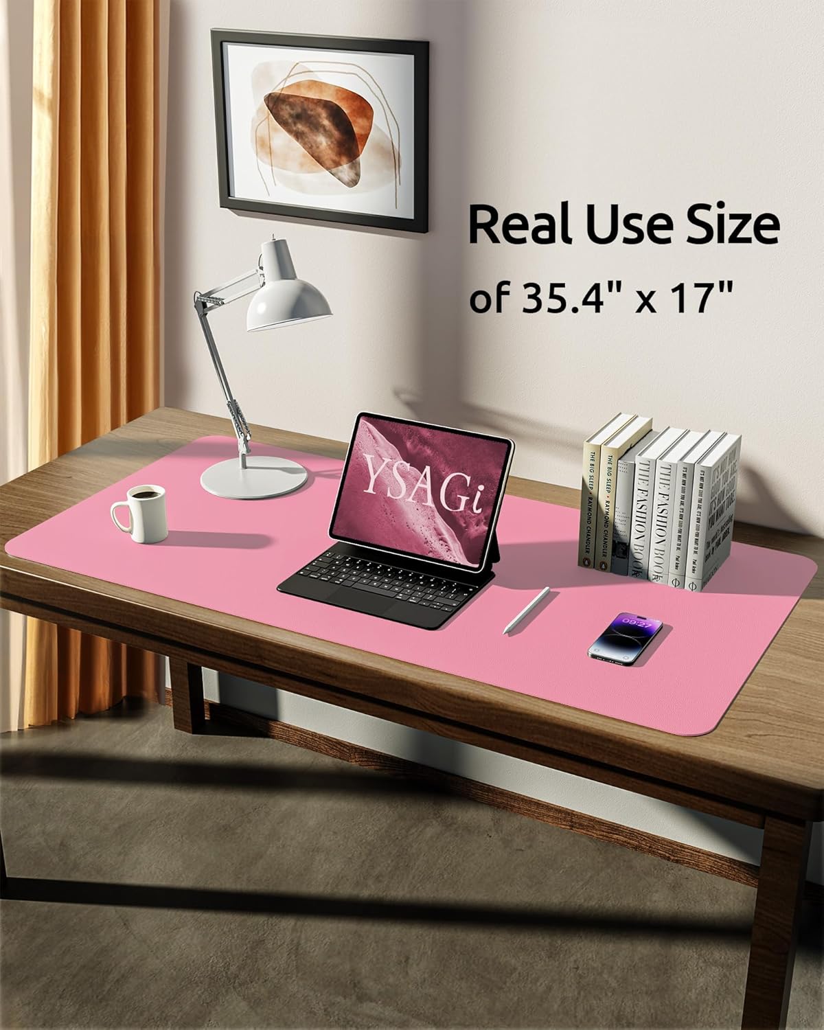 YSAGi Leather Desk Protector, Office Mat, Large Mouse Mat, Non-Slip PU Leather Blotter, Laptop Desk Mat, Waterproof Writing Pad for Office and Home (Pink, 35.4" x 17")