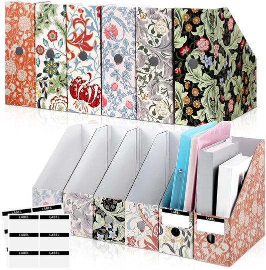 PerKoop 12 Pcs Magazine File Holder Foldable Decorative Cardboard File Folders 6 Patterns Floral Colored Magazine Rack with Printable Sticker Labels for School Office Home Desk (Floral)