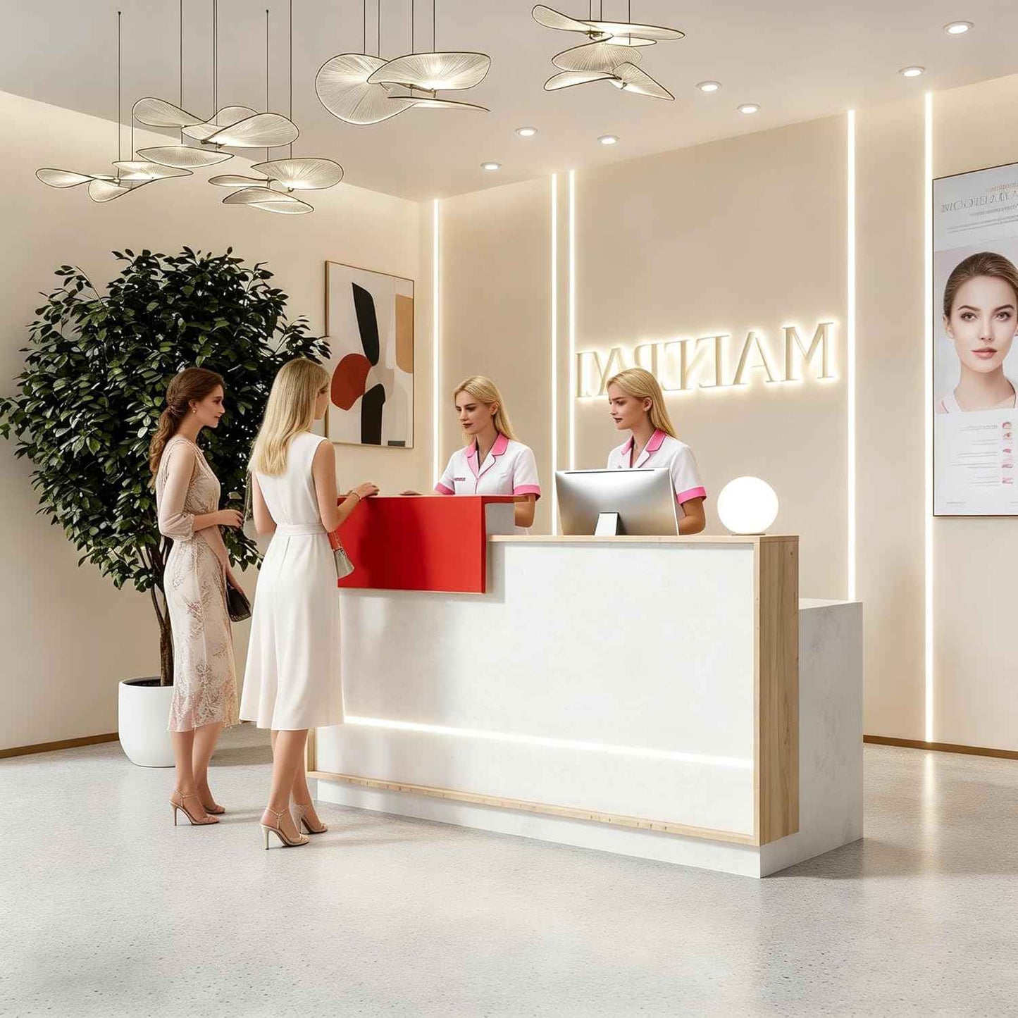 Modern Reception Desk with Counter & LED,Front Office Desk with Drawer, Keyboard Tray & Cabinet, White Stone Look & Wood for Hotel, Salon, Retail, Office Lobby (Right, 70.86 in)