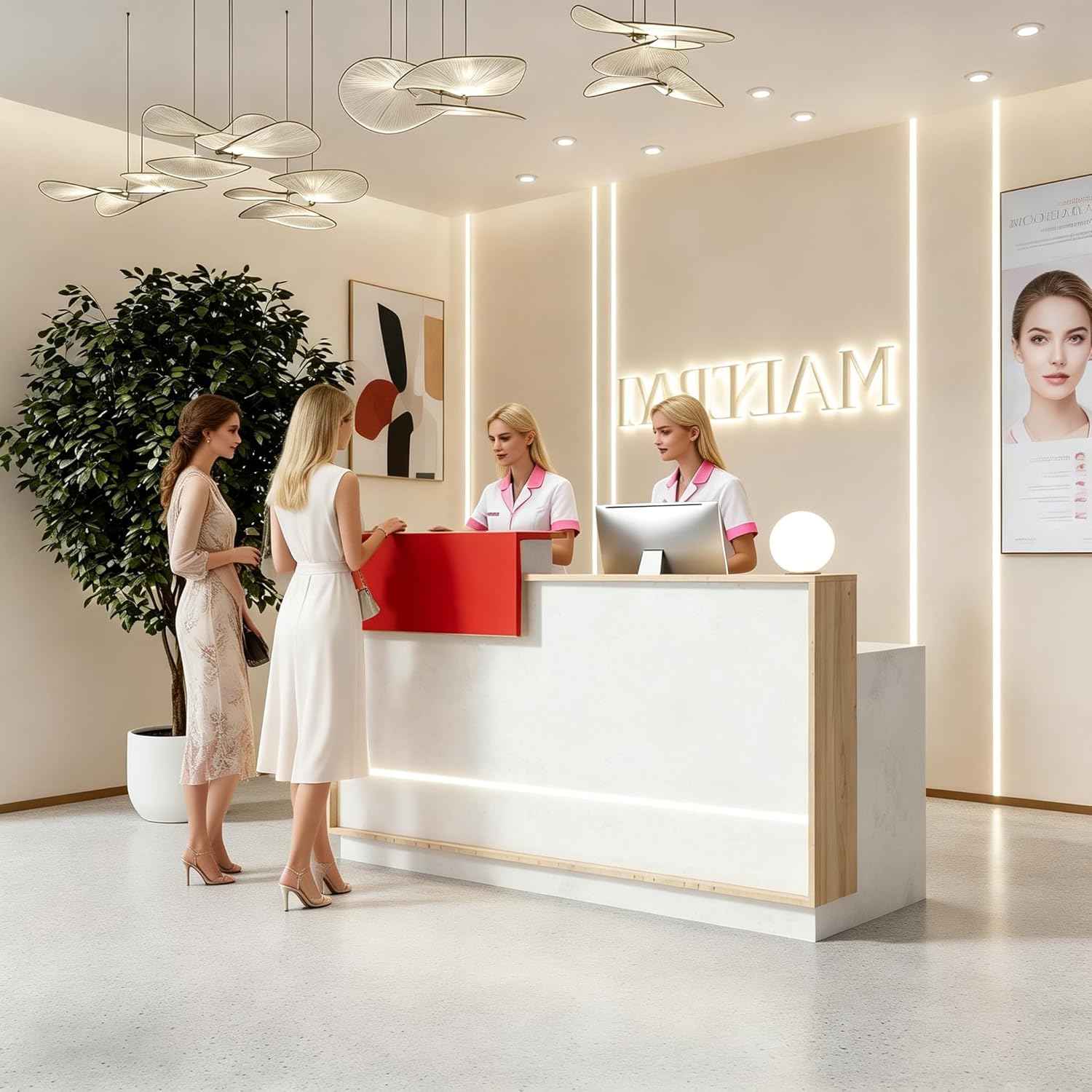 Modern Reception Desk with Counter & LED,Front Office Desk with Drawer, Keyboard Tray & Cabinet, White Stone Look & Wood for Hotel, Salon, Retail, Office Lobby (Right, 70.86 in)