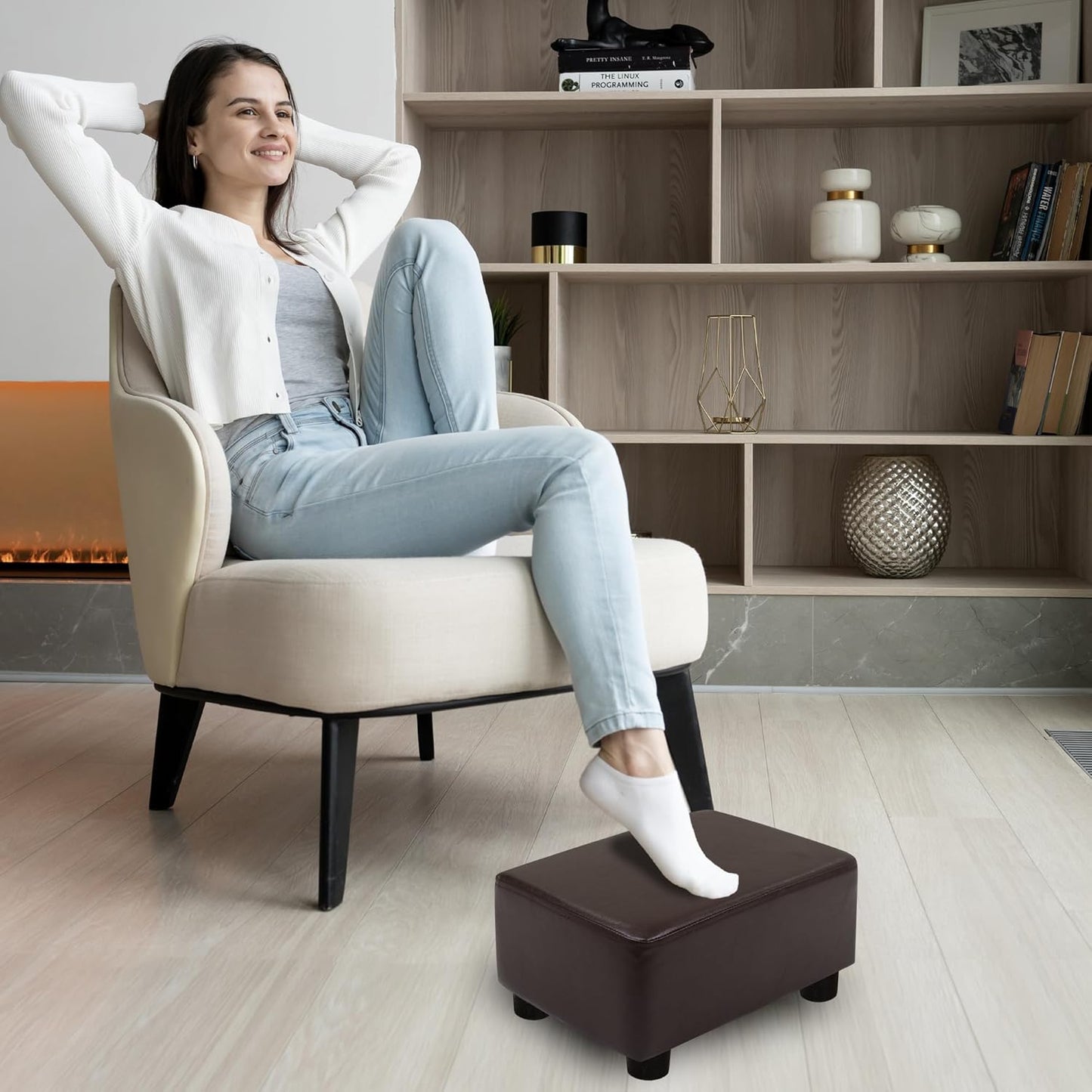 CAROLMADE Small Foot Stool Ottoman Footstool with Legs Under Desk Footrest for Living Room Bedroom and Office, Dark Brown
