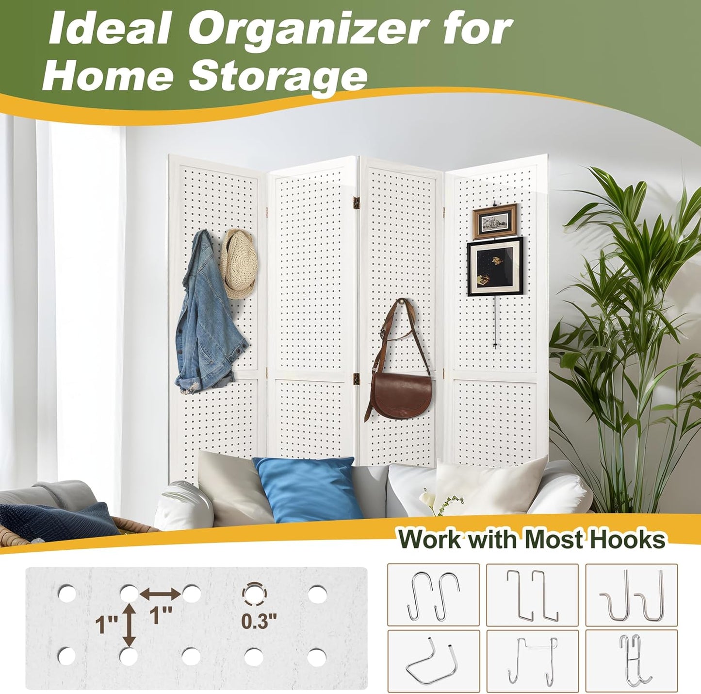 NicBex 4 Panel Pegboard Display,5.6FT Wood PegBoard Room Dividers,Folding Privacy Screens Portable Freestanding Display Board for Craft/Art Shows,Room Separation,White - Lumora Desk