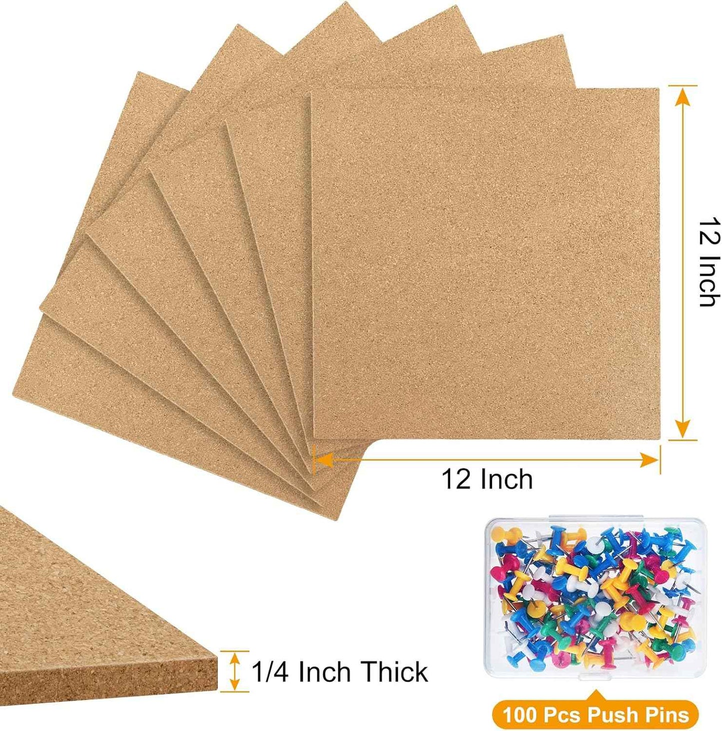 TUPARKA 6 Pack Cork Board 12"x12" - 1/4" Self-Adhesive Corkboards With 100 Push Pins, Bulletin Boards, Square Cork Tiles for Wall, Home, School, Office Decorative