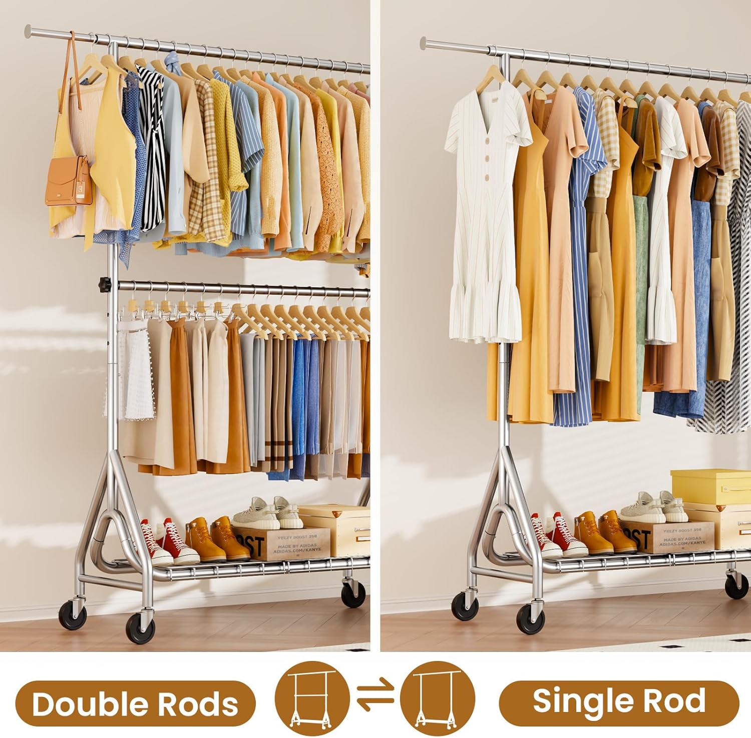 Double Rods Clothing Rack, Heavy Duty Clothes Rack for Hanging Clothes Load 560LBS, Metal Rolling Garment Racks with Wheels, Freestanding Clothes Hanging Racks, Silver - Lumora Desk