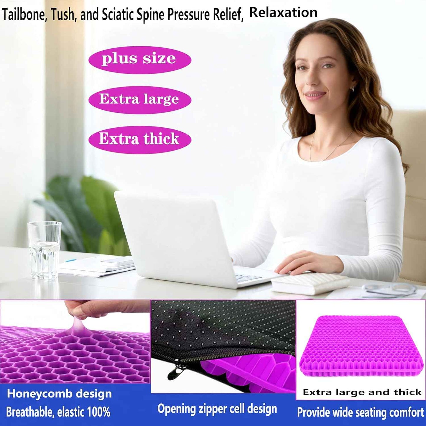 Plus Size Gel Seat Cushion for Long Sitting, Extra Large and Thick, Gel Cushion for Back, Hip, Sciatica, Tailbone Pain Relief, Use for The Office, Wheelchair, Car, Recliner, Stadium, Kayka.(Rose red)