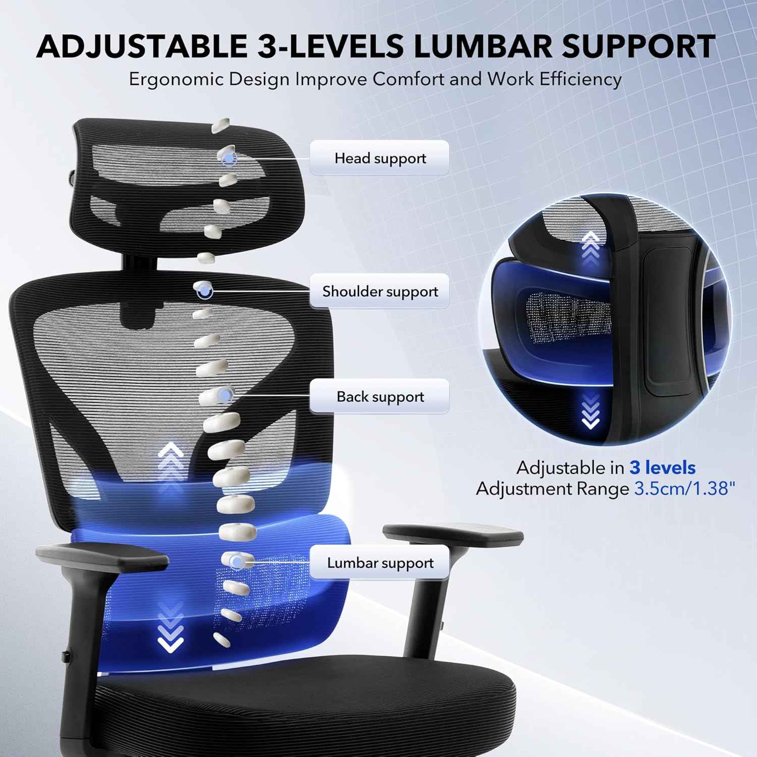 Office Chair Ergonomic Desk Chair - Home Mesh Chair with Adjustable Footrest Lumbar Support, High-Back Computer Gaming Chair with Headrest 3D Armrests, Rolling Swivel Task Chairs for Home, Office
