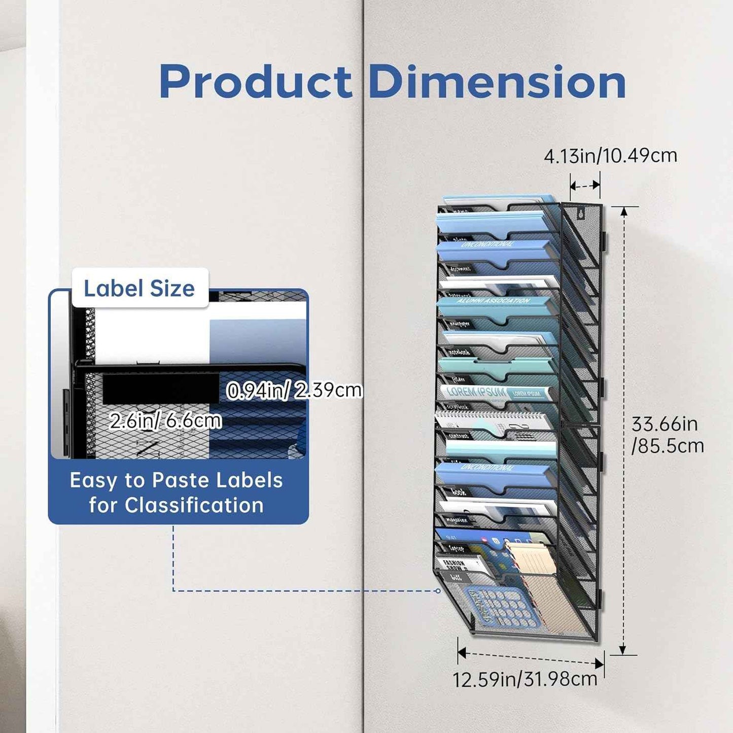 14 Tier Wall Hanging File Organizer, Paper Folder Holder Wall Mounted, Metal Mail Sorter for Office Home School, Black