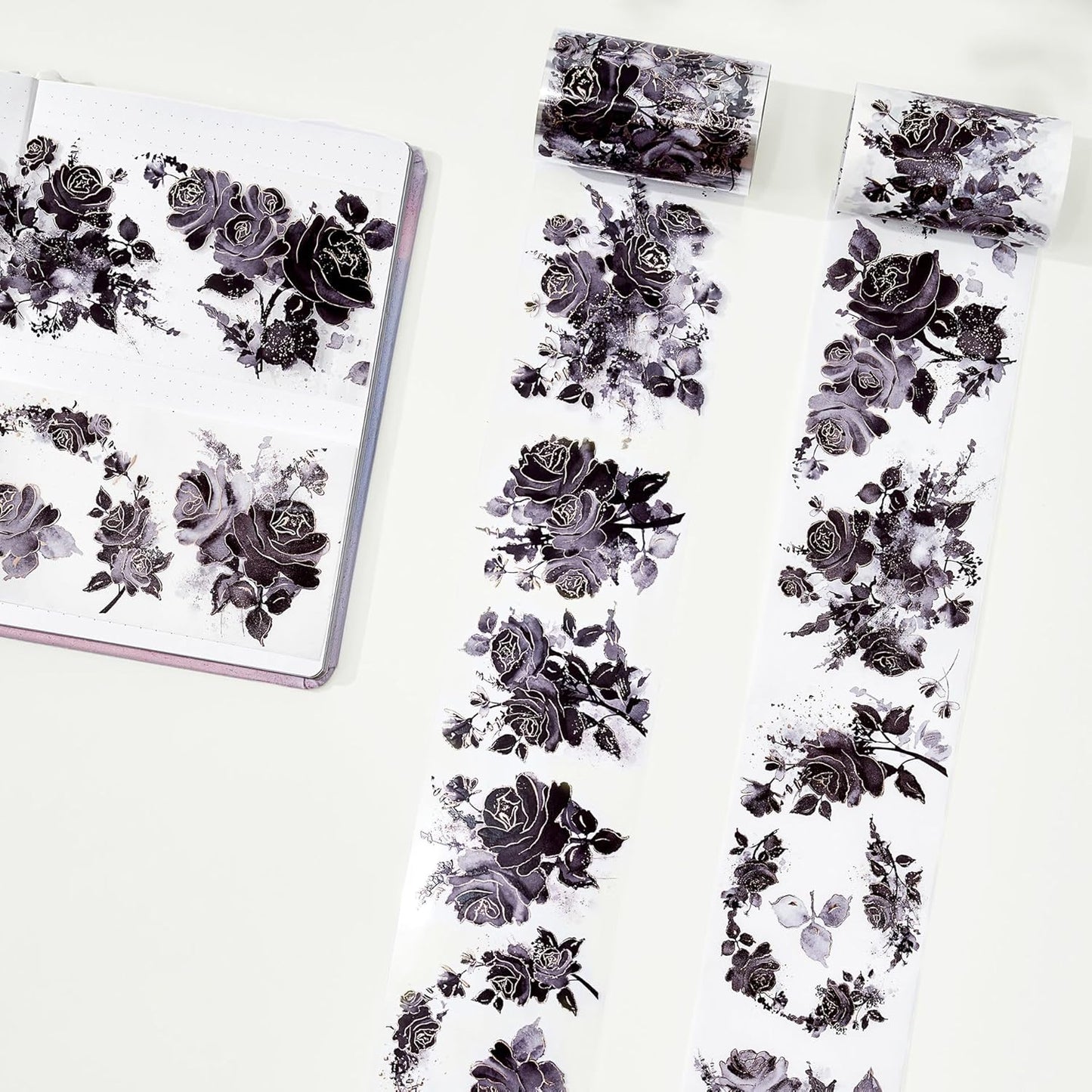 WT Rose Noir Wide PET Tape Gilded,Single Roll,Original Designs,Black Floral Decors,Transparent Clear Adhesive Tape,Gold Foil,Scrapbooks Junk Bujo Journals Planners DIY Crafts Supplies Gifts
