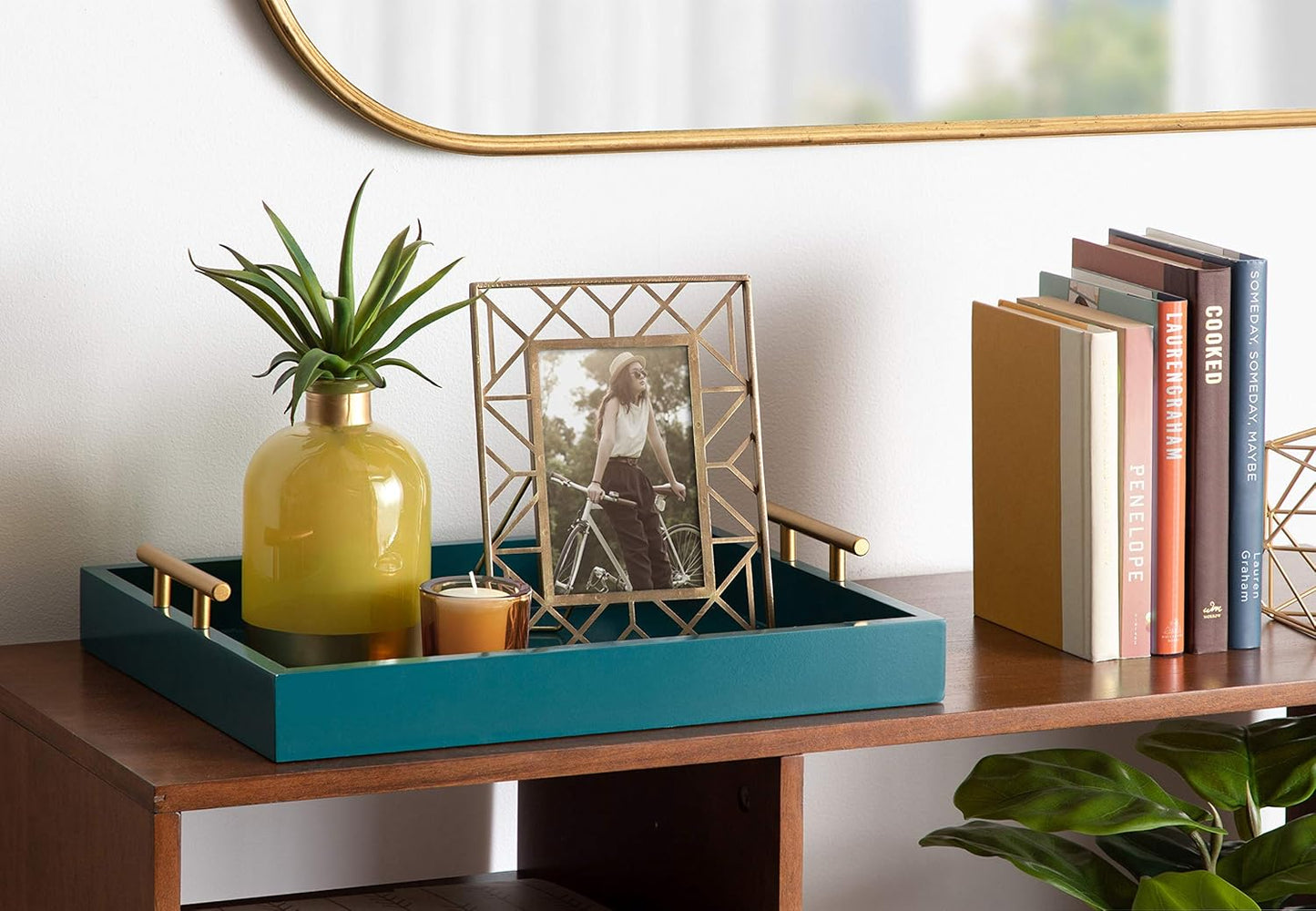 Kate and Laurel Lipton Mid Century Modern Decorative Wood Tray with Brushed Gold Metal Handles, Dark Teal