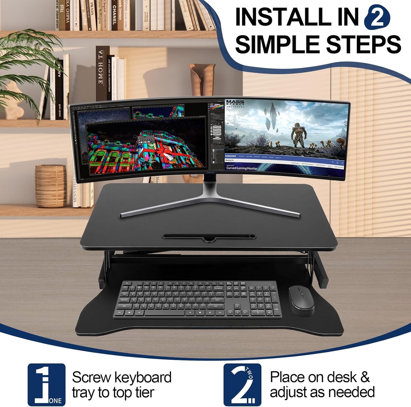 32" Stable Standing Desk Converter, Height Adjustable Sit to Stand Up Desk Riser with Keyboard Tray for Home or Office, Wide 2-Tier Desktop, Dual Monitor and Computer Workstation, Black