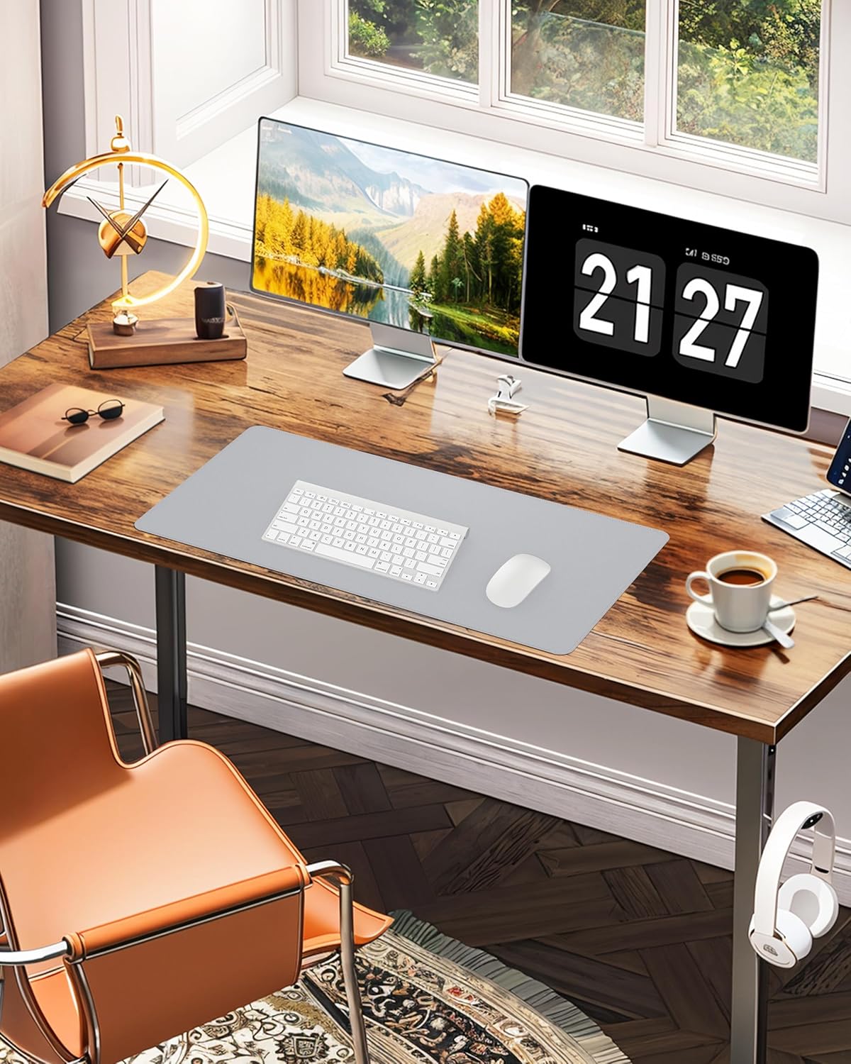 Large Desk Pad Mat - Waterproof Mouse Pad & Desk Protector, Non-Slip XL PU Leather Gaming Mat for Keyboard/Mouse, Stitched Edge with Ergonomic Support, 47"x17" (Light Grey)