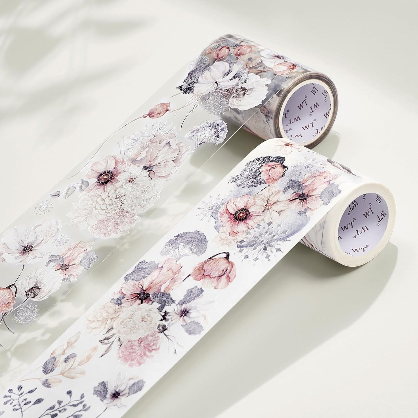 WT Frostbloom Wide PET Tape, Single Roll, Original Floral Designs, Winter Flowers, Clear Transparent Adhesive Tape for Junk Journals, Scrapbooks, Bujo, Planners, DIY Crafts, Art Stationery