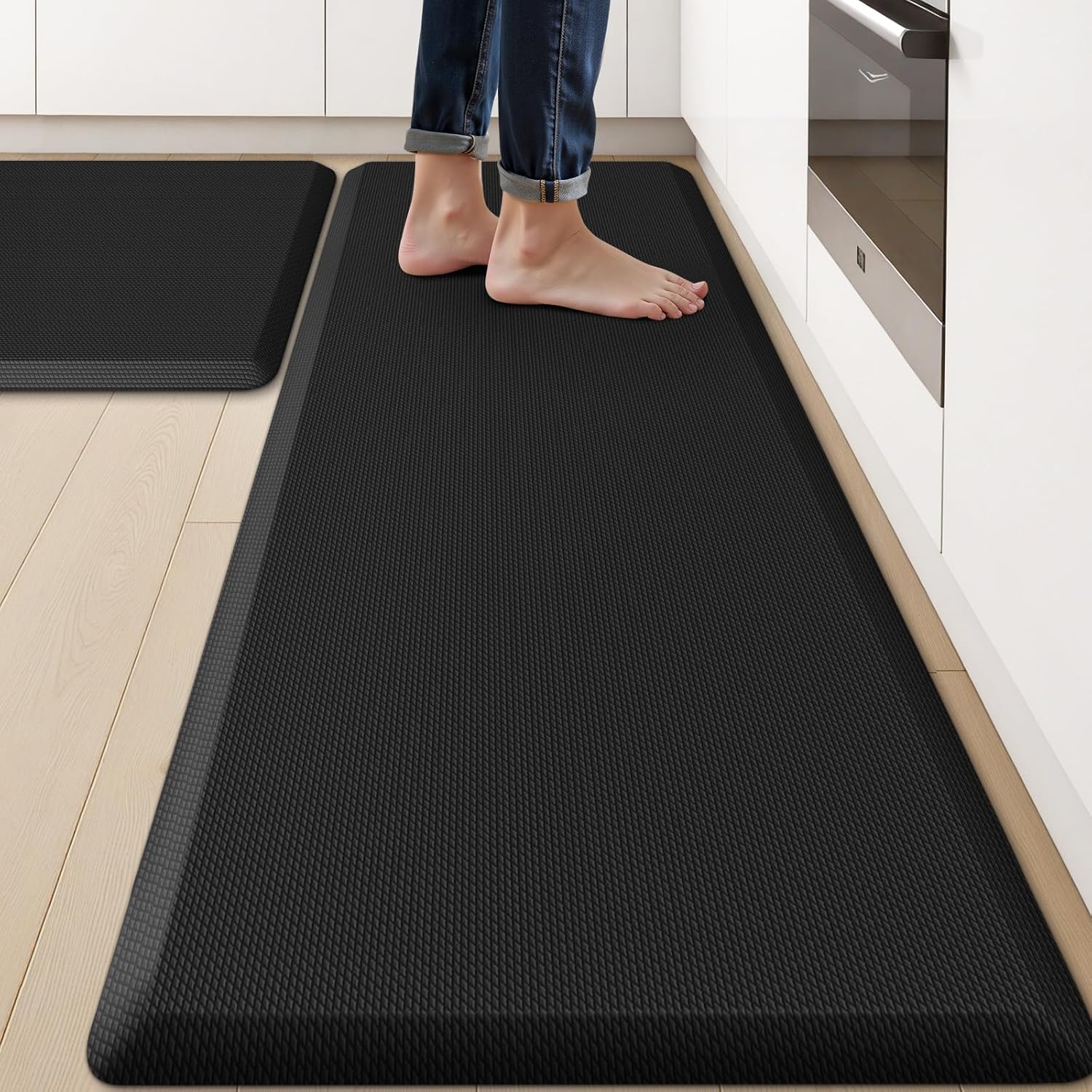 KitchenClouds 2PCS Kitchen Rugs Cushioned Anti-Fatigue Non-Slip Waterproof Kitchen Mat Comfort Foam Standing Mat for Floor Office Sink Laundry (Black) - Lumora Desk