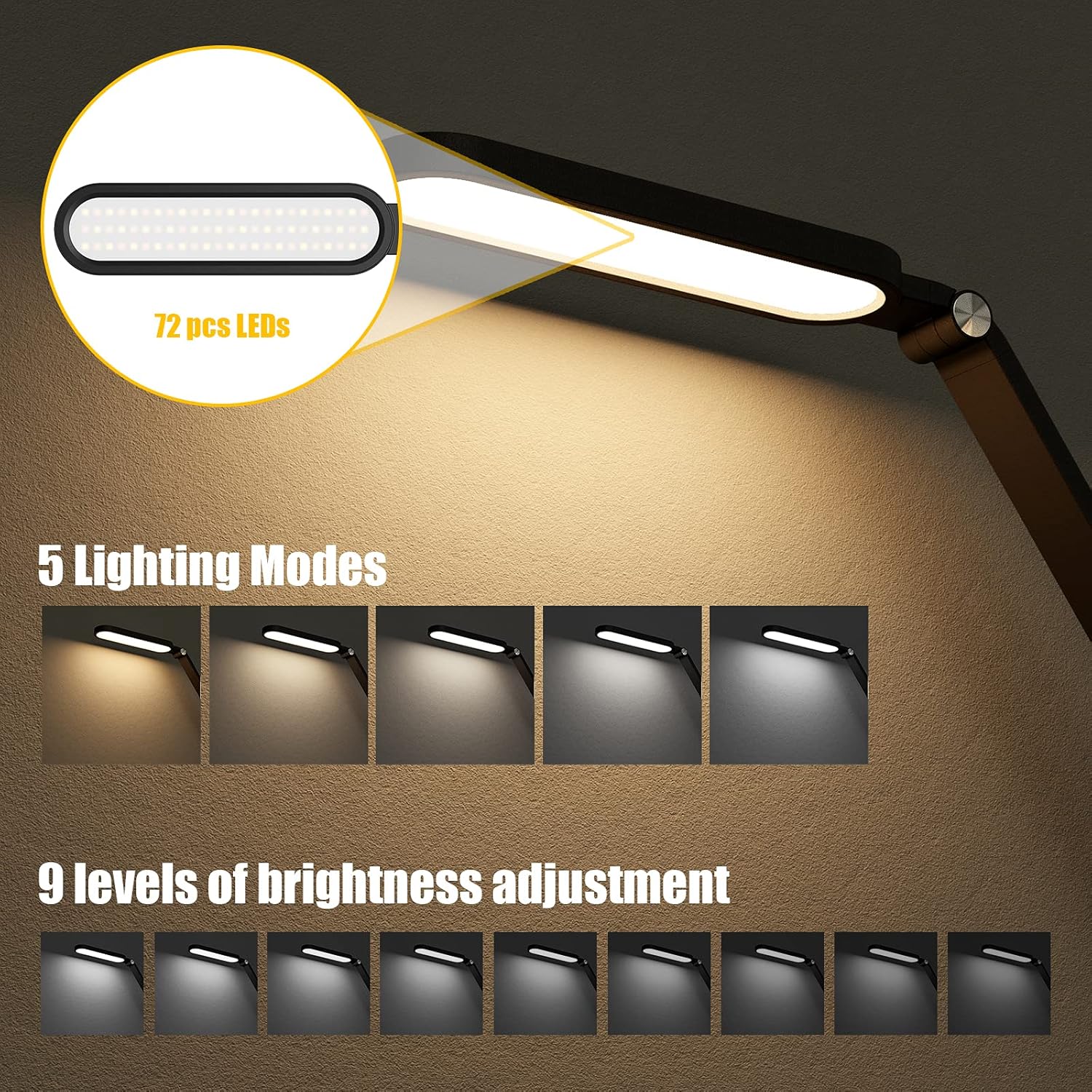JKSWT LED Desk Lamp, Eye-Caring Table Lamps Natural Light Protects Eyes Dimmable Office Lamp with 5 Color Modes USB Charging Port Touch Control and Memory Function, 10W Reading Lamp,Black - Lumora Desk