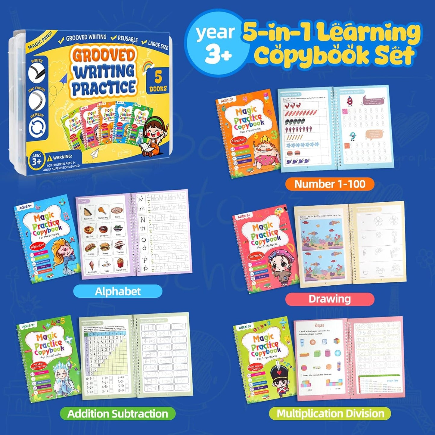 Magic Grooved Writing Practice Books for Kids Age 3-5 6-8, Reusable Large Size Grooved Writing Practice Copybooks, Handwriting Practice, Kids Writing Helper