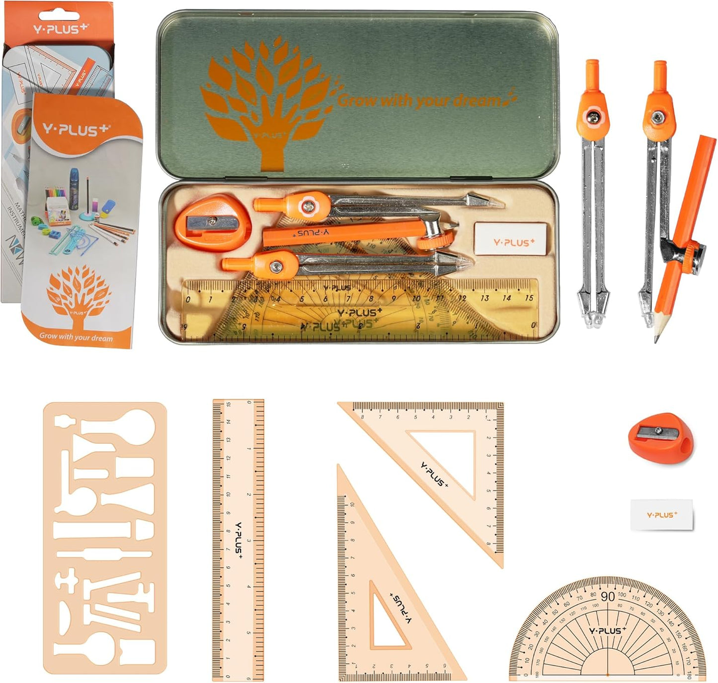 YPLUS Geometry Set for Students, Math Protractor Compass, Box of Protactors Kit for Class Supplies and School Kids Toddler - 11 Pcs