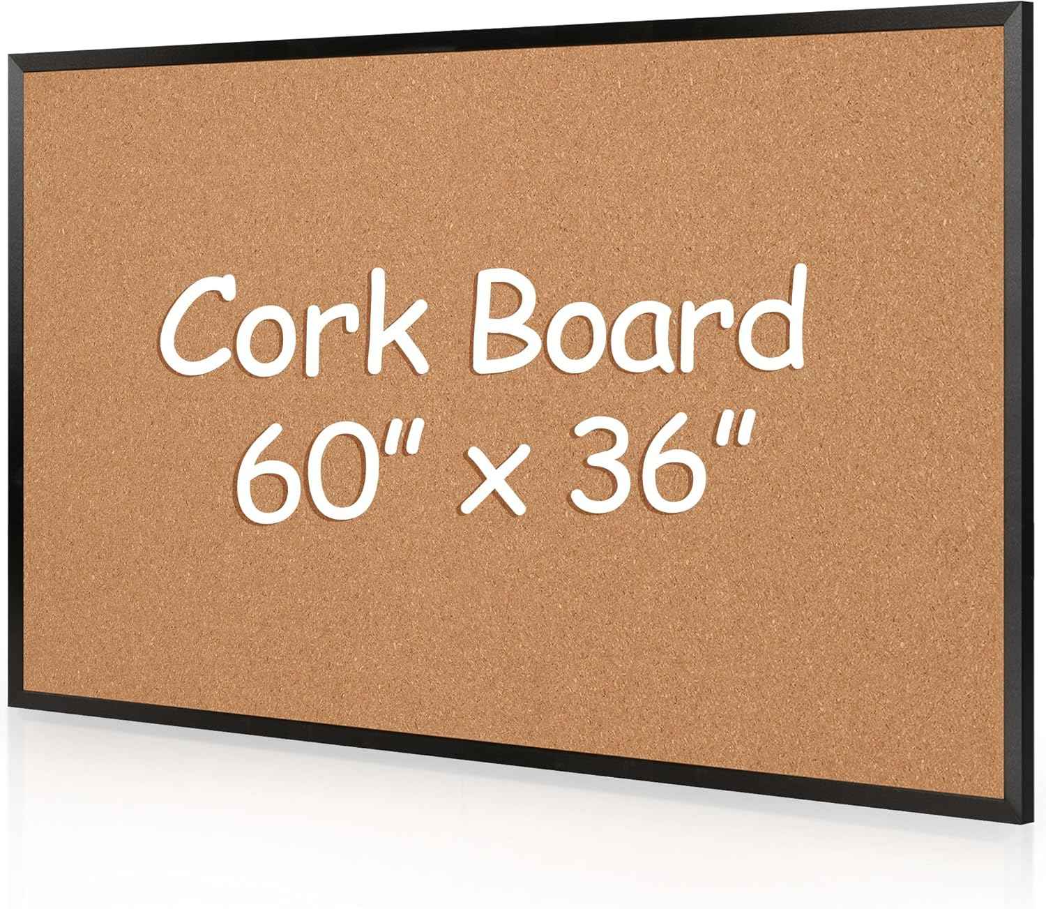 Extra Large Cork Bulletin Board 60" X 36", Black Wood Framed Corkboard for Wall, Wall Mounted Notice Pin Board with 18 Push Pins