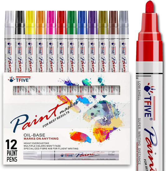 TFIVE Paint Pens Paint Markers Never Fade Quick Dry and Permanent, 12 Color Oil-Based Waterproof Marker Pen Set for Rock Painting, Ceramic, Wood, Fabric, Plastic, Canvas, Glass, Mugs