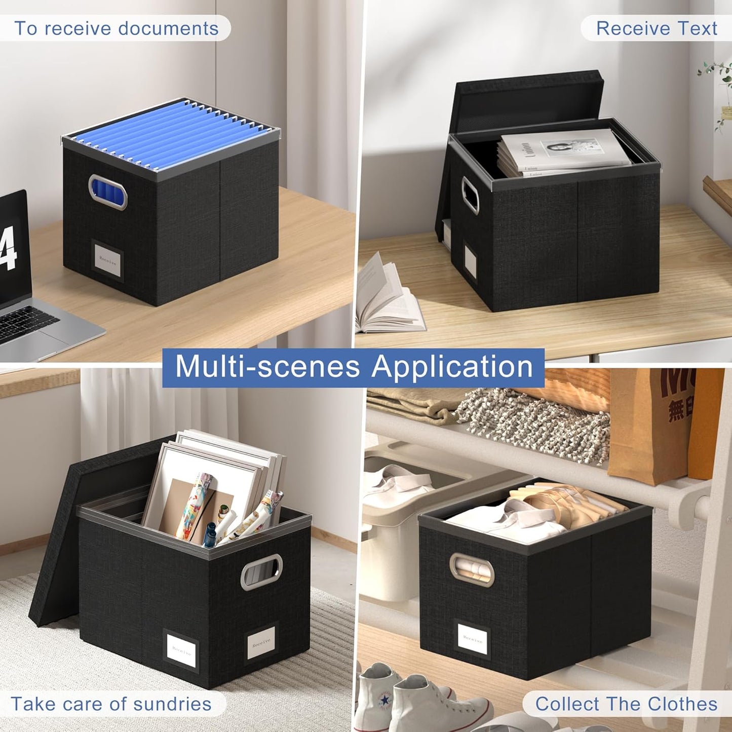 File Organizer Box File Boxes for Hanging Files with Lid Set of 3 Decorative Hanging Folders Letter Size Organizer with One-Piece Plastic Frame Slides (13.2 * 10.1 * 10.1in(3Pack), Black)