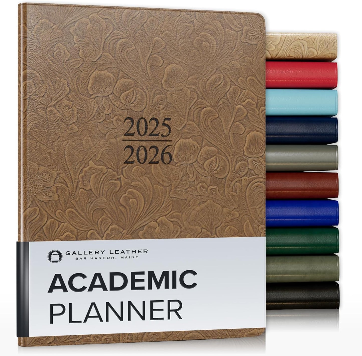 Gallery Leather Academic Planner 2025-2026, Teacher and Student Weekly Monthly Planner, Elegantly Bound Calendar with Gold-Gilded Page Edges, 18 Months - Floral Espresso - 9x7"