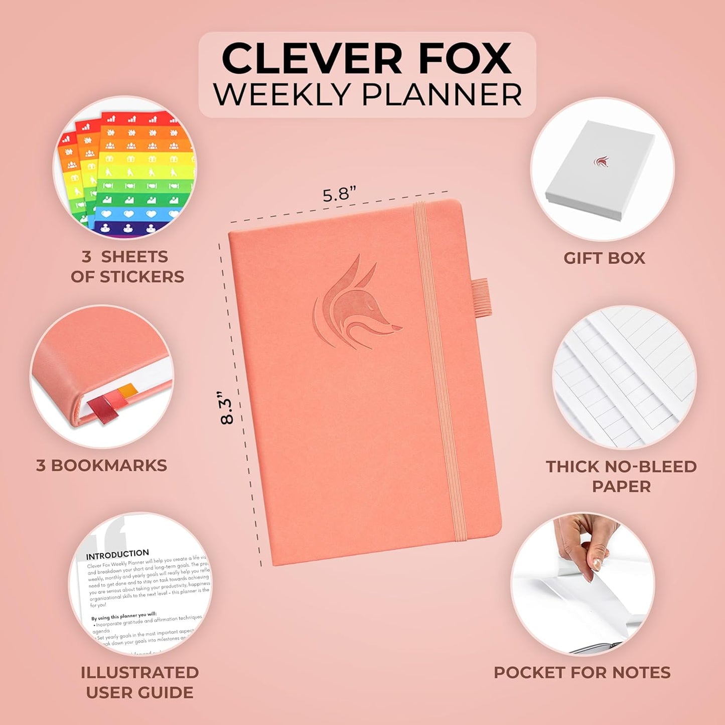 Clever Fox Planner – Undated Weekly & Monthly Planner for Productivity, Time Management & Goals – Organizer Journal – A5 (Peach Pink)