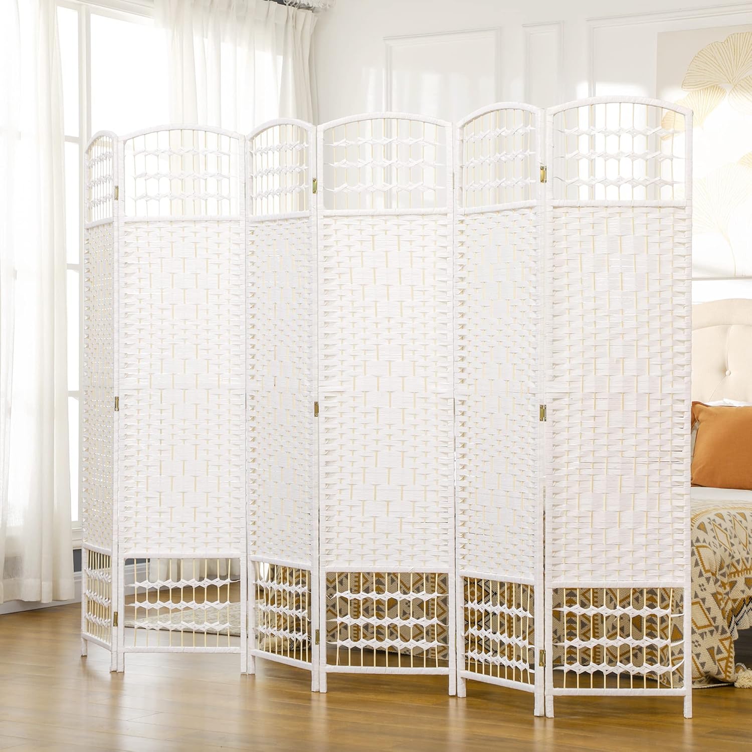 NicBex Room Divider 6 Panel Room Dividers with Woven Paper Design Partition Room Dividers and Folding Privacy Screens 5.6 FT Wall Divider for Office, Room Separation,94.5" W x 0.5" D x 67" H, White - Lumora Desk