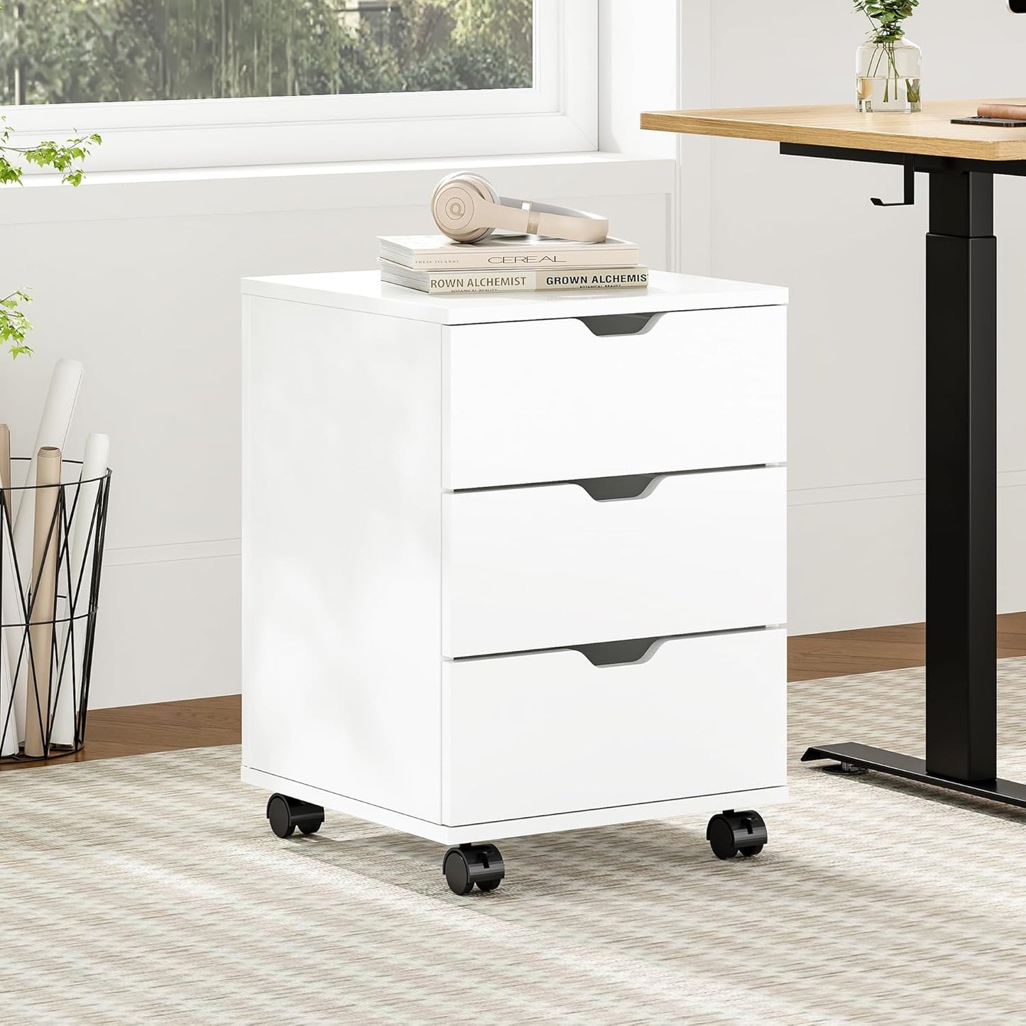 Farini 3-Drawer Under Desk Wooden File Cabinet with Lockable Caster Storage Cabinets for Home Office,White,Required Assembly