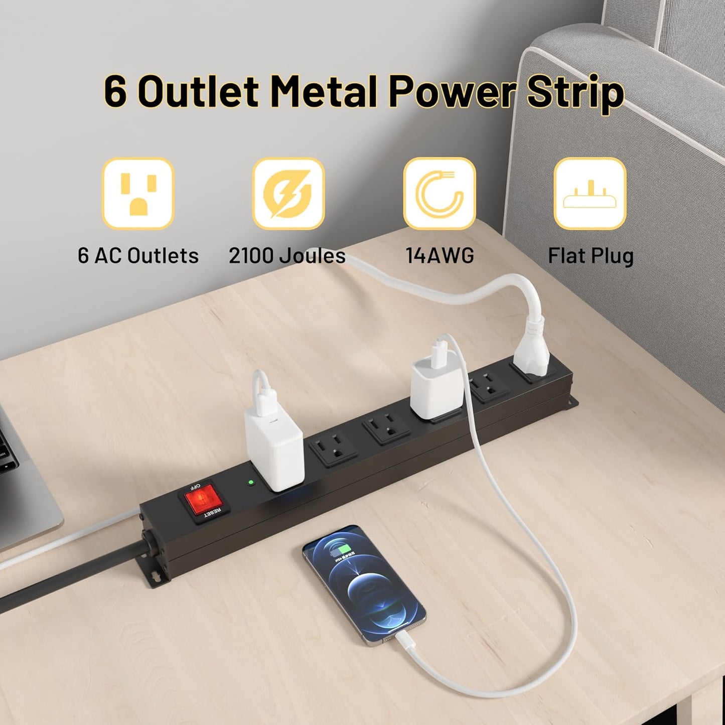 KF 6 Outlet Metal Wall Mount Power Strip, 2100J Surge Protection Heavy Duty Power Strip, 15A/1875W Mountable Power Strips with Upgraded Switch, 14AWG 10FT Power Cord, Black