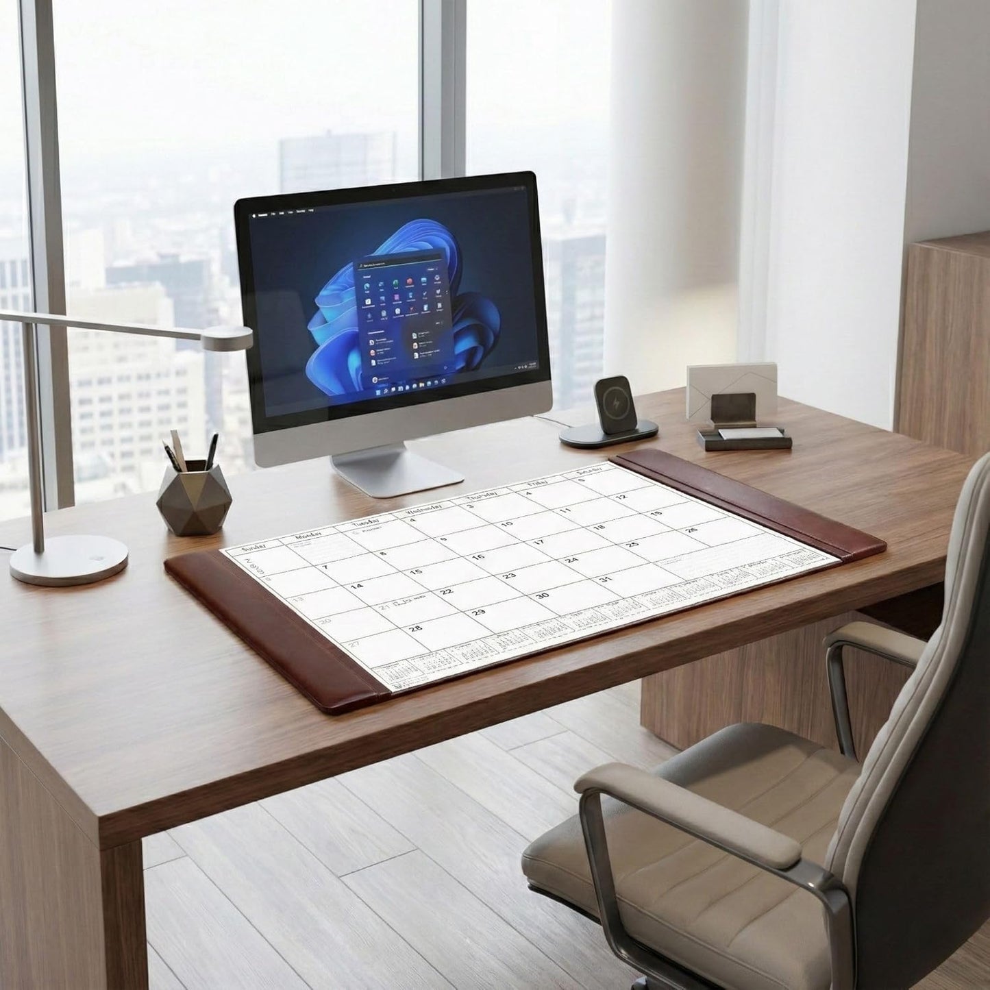 Chocolate Brown Leather Desk Pad w/Calendar, 34 x 20