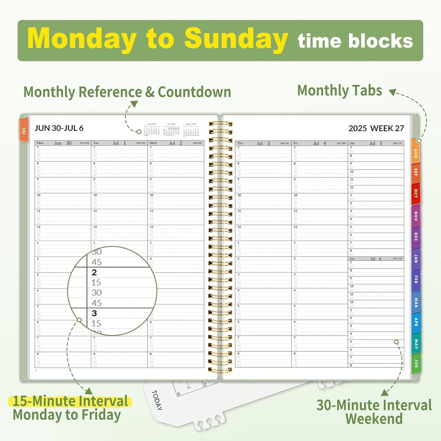 SUNEE 2025-2026 Appointment Book, Quarter-Hourly, Weekly & Monthly - from July 2025 to June 2026, 8.5"x11" Academic Planner, Flexible Cover, Note Pages, Pockets, Bookmark, Spiral Binding, Sage Green