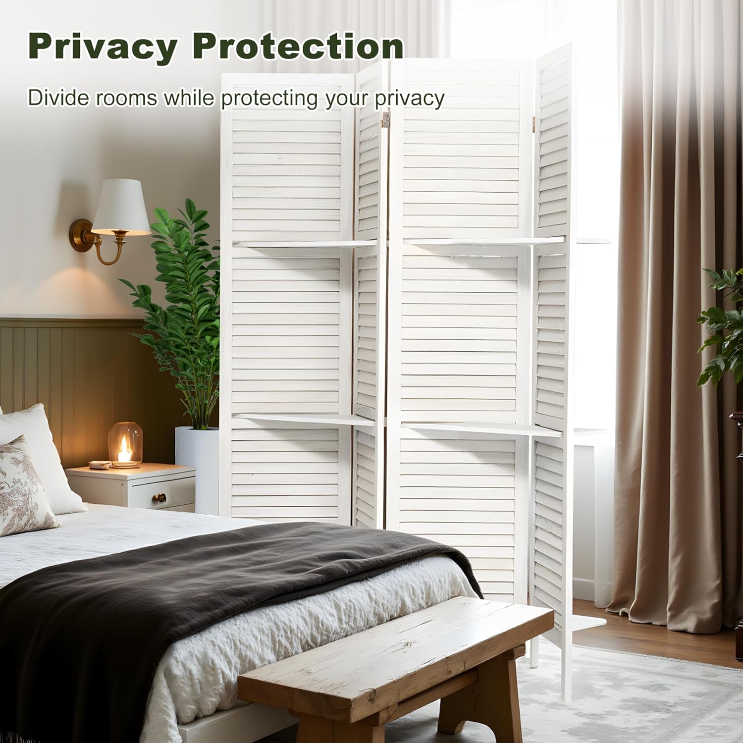 NicBex 4 Panel Room Divider,5.6FT Wood Carved Room Dividers with Display Shelves Folding Privacy Screens Portable Freestanding Partition Wall Dividers for Room Separation,Home Bedroom Office,White - Lumora Desk