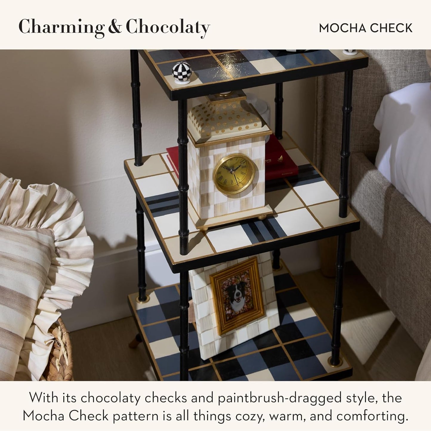 MACKENZIE-CHILDS Desk Clock, Retro Analog Clock for Room Decor, Brown-and-White Mocha Check