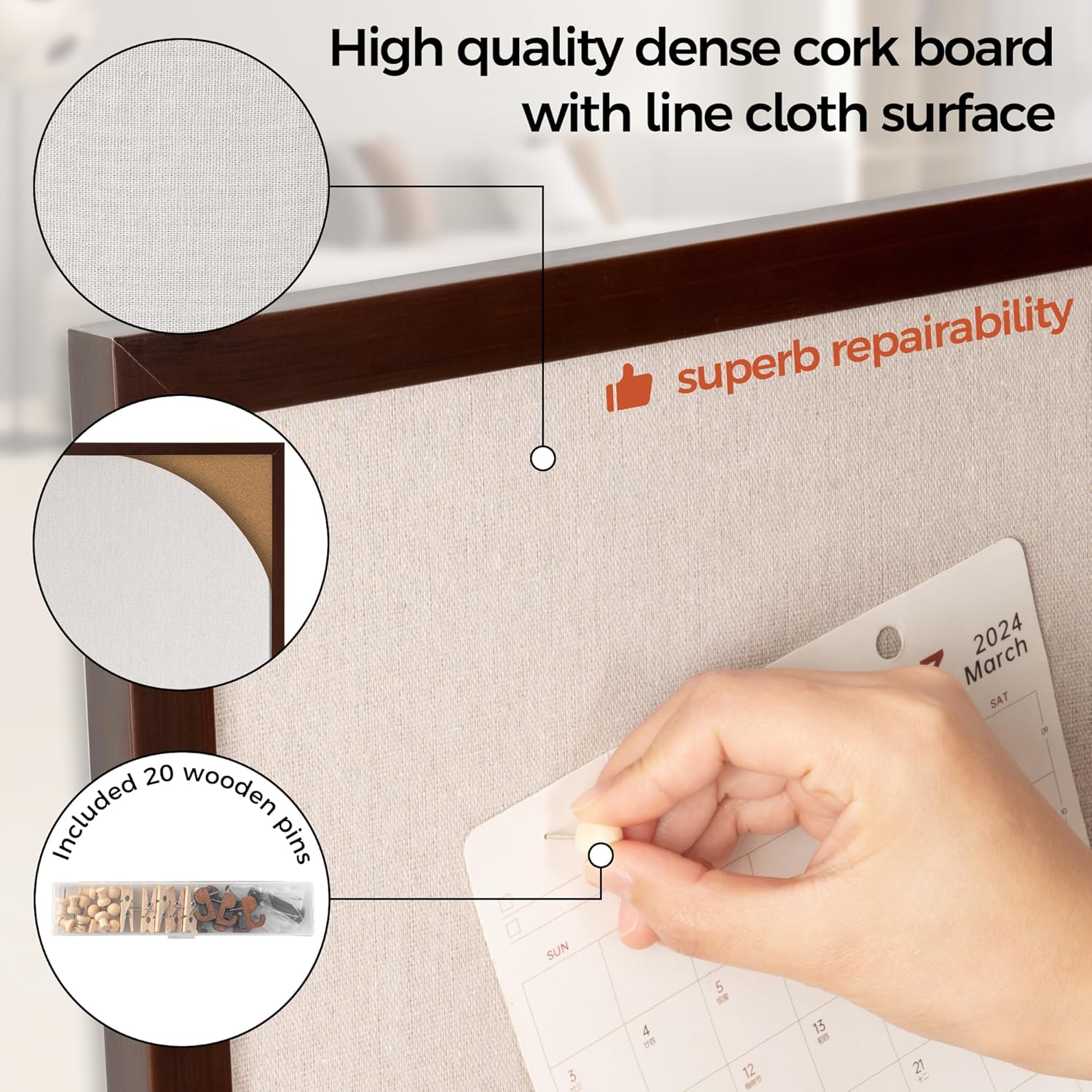 Fun Memories Cork Board Bulletin Board for Office, 20" x 30" Pine Wooden Framed Corkboard, Wall Mounted Notice Pin Board for School Home & Office, Dark Walnut - Lumora Desk