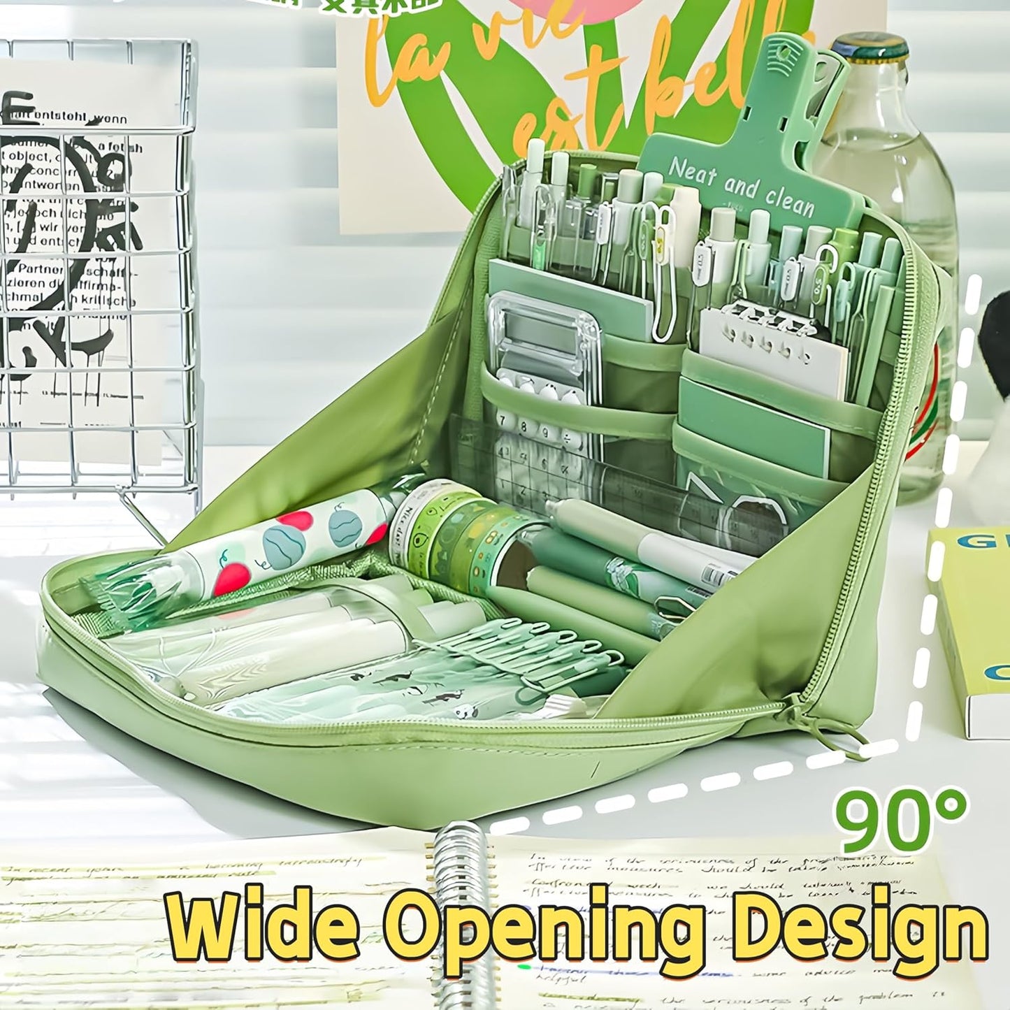 Kawaii Cute Aesthetic Pencil Case - Large Capacity Canvas Pen Pouch Bag (Green)