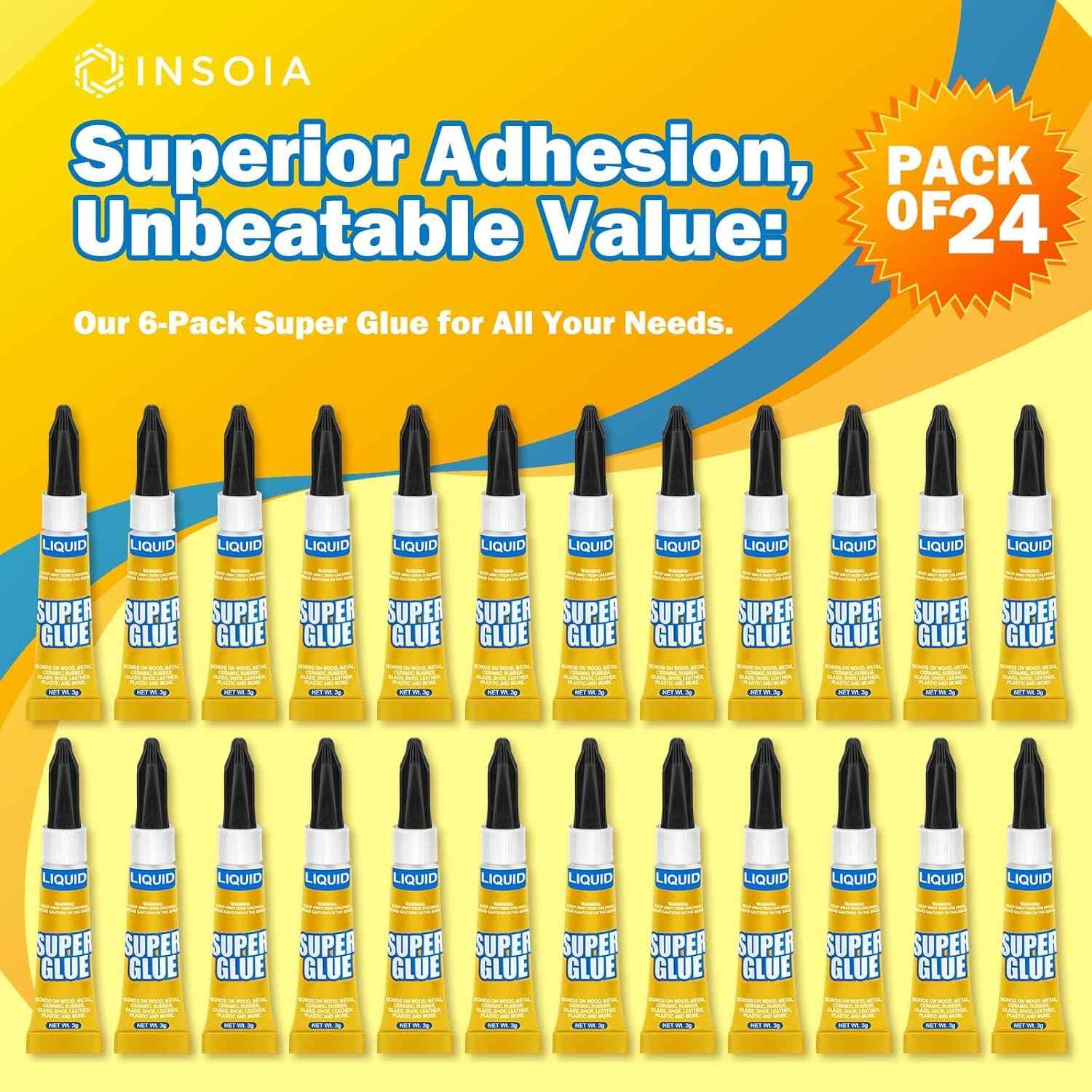Super Glue Liquid Clear, 24 X 3g All Purpose Strong Adhesive Ca Glue Cyanoacrylate Quick Dry Instant Glue for Plastic, Metal, Ceramic, Shoe, Wood, Leather, Model, Rhinestone, Jewelry and DIY Crafts