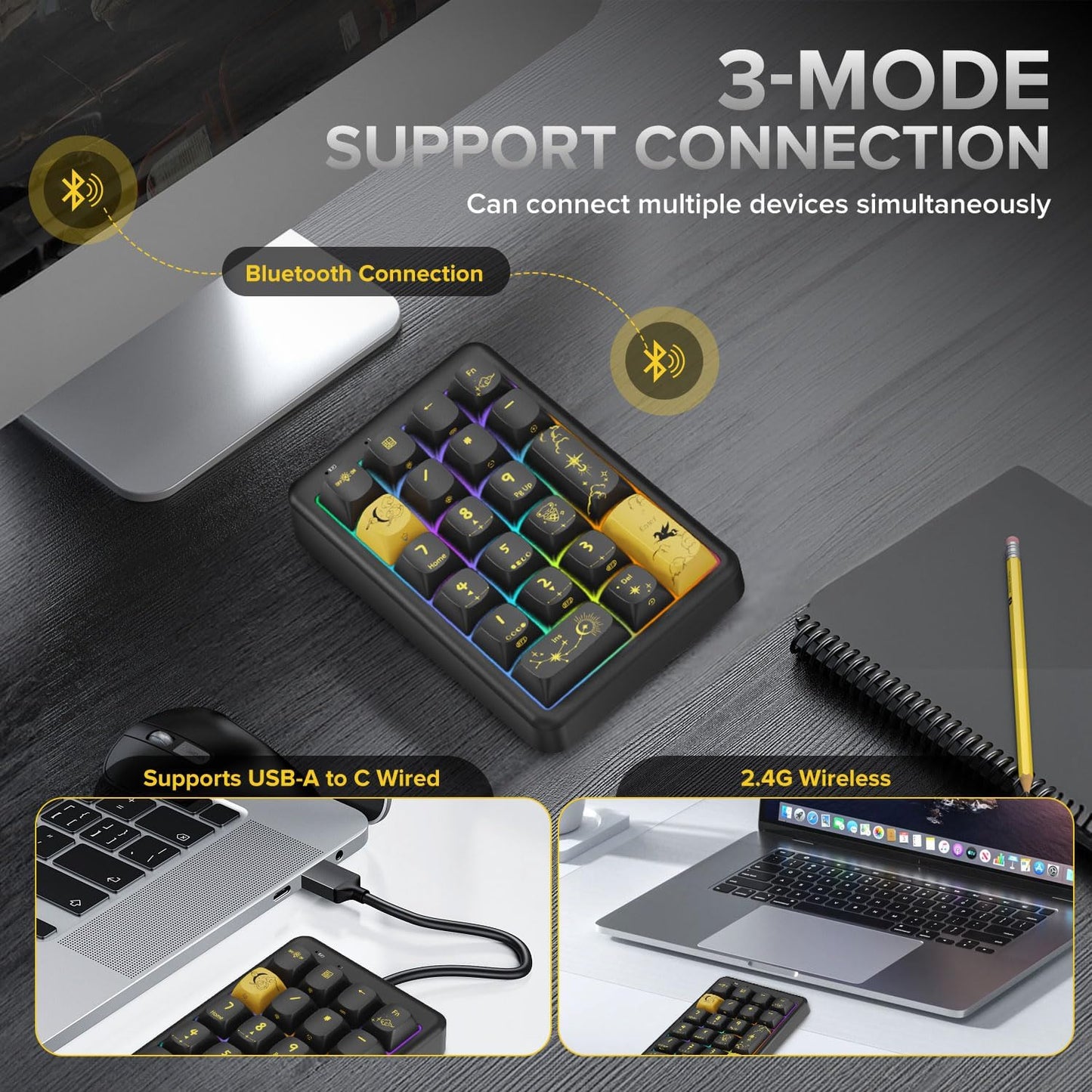 Wireless Number Pad, BT 5.0 Mechanical Number Keypad for Laptop, 21 Key Hot Swappable RGB Numeric Keypad, USB/2.4G Wireless Number Pad Keyboard, Rechargeable Cute Black Creamy Keyboard Number Pad