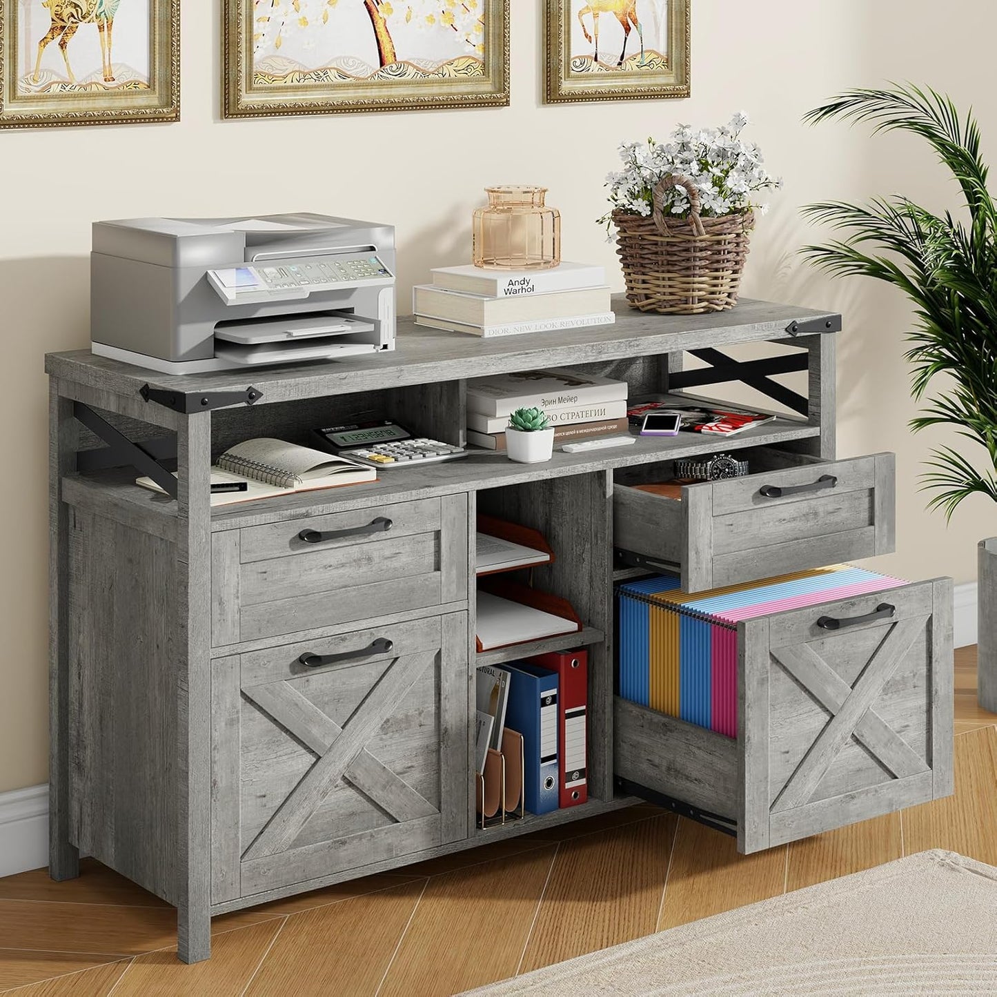 Farmhouse Filing Cabinet with Adjustable Shelf for Home Office, Lateral File Cabinets 4 Drawers with Open Storage Shelf, Filing Organization Storage Cabinets for Hanging Files Letter/A4.(Grey)