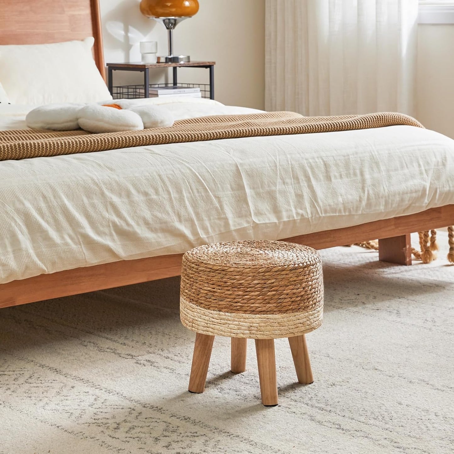 YMYNY Foot Stool,12.6" Round Small Ottoman, Natural+White, HBD027W | Natural Seagrass Hand Weave, Footrest, Non-Skid Wood Legs, Boho, For Living Room, Bedroom, Entryway,outdoor