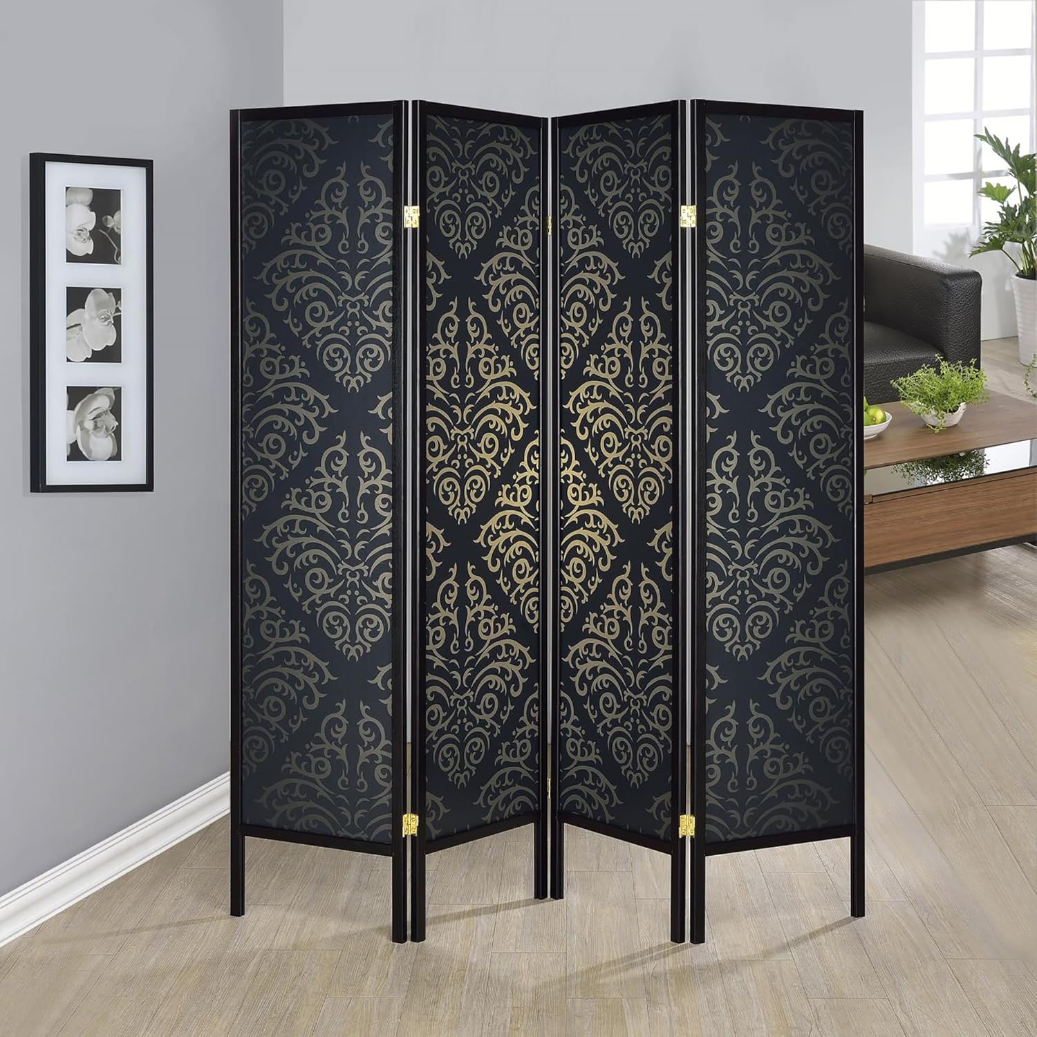 NicBex Room Divider 4 Panel Room Dividers with Damask Print Partition Room Dividers and Folding Privacy Screens Wall Divider for Home, Office, Room Separation,69.5" W x 0.75" D x 70.25" H, Black - Lumora Desk