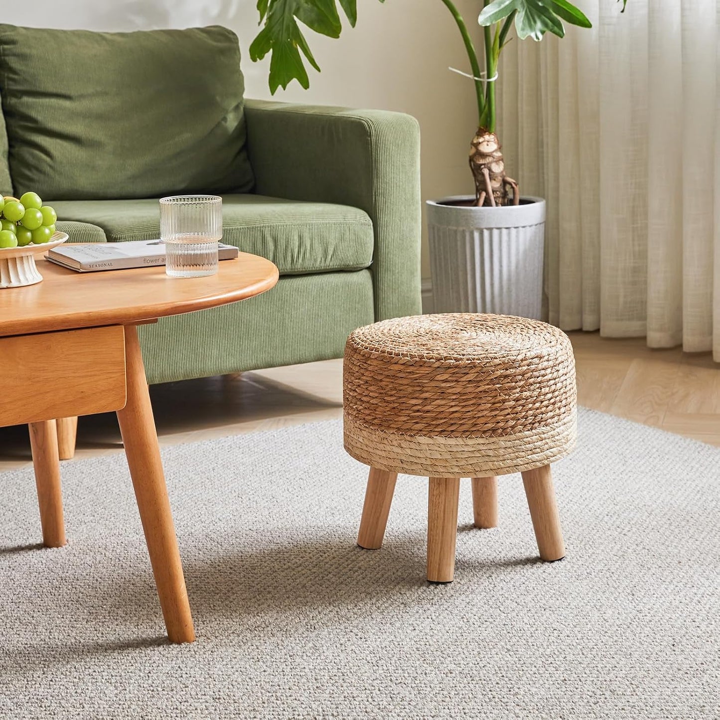 YMYNY Foot Stool,12.6" Round Small Ottoman, Natural+White, HBD027W | Natural Seagrass Hand Weave, Footrest, Non-Skid Wood Legs, Boho, For Living Room, Bedroom, Entryway,outdoor
