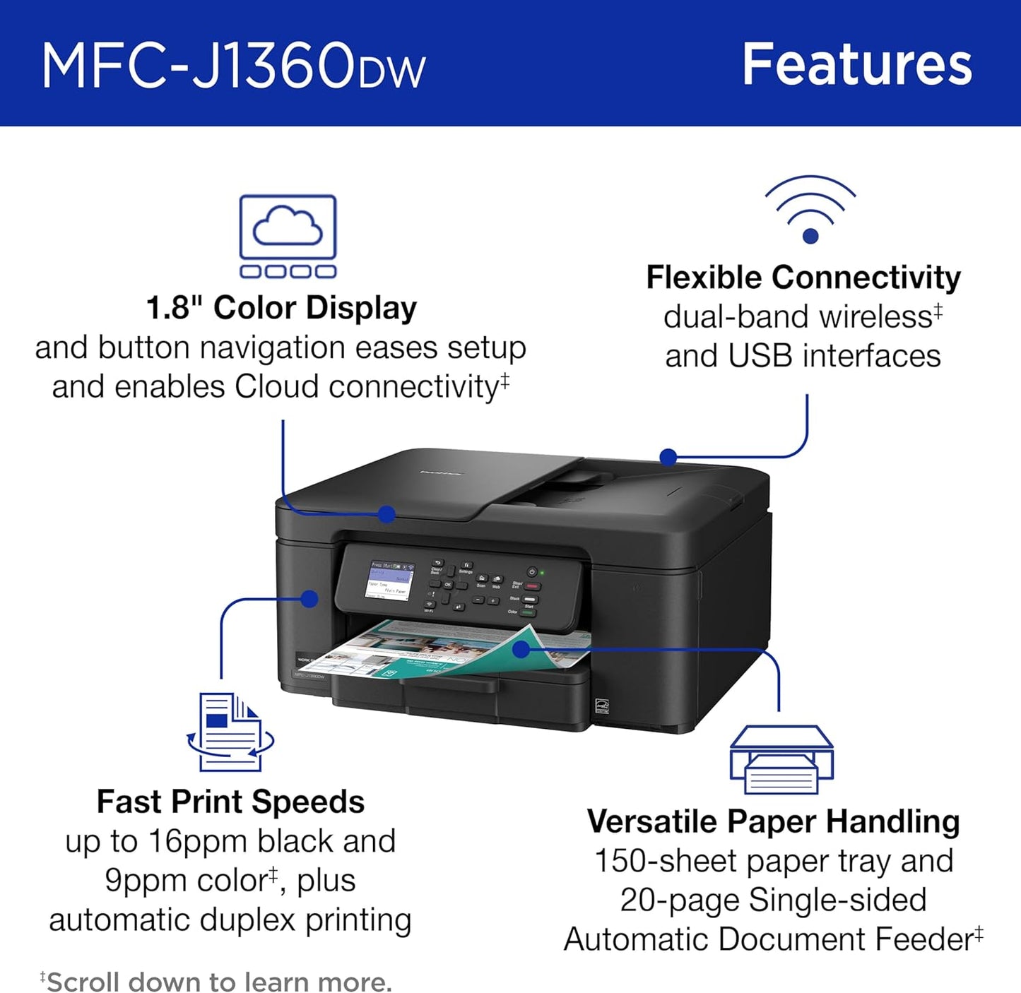 Brother Work Smart 1360 Wireless Color Inkjet All-in-One Printer with Automatic Duplex Printing and 1.8” Color Display | Includes Refresh Subscription Trial(1) (MFC-J1360DW) (Uses LC501 Series Inks) - Lumora Desk