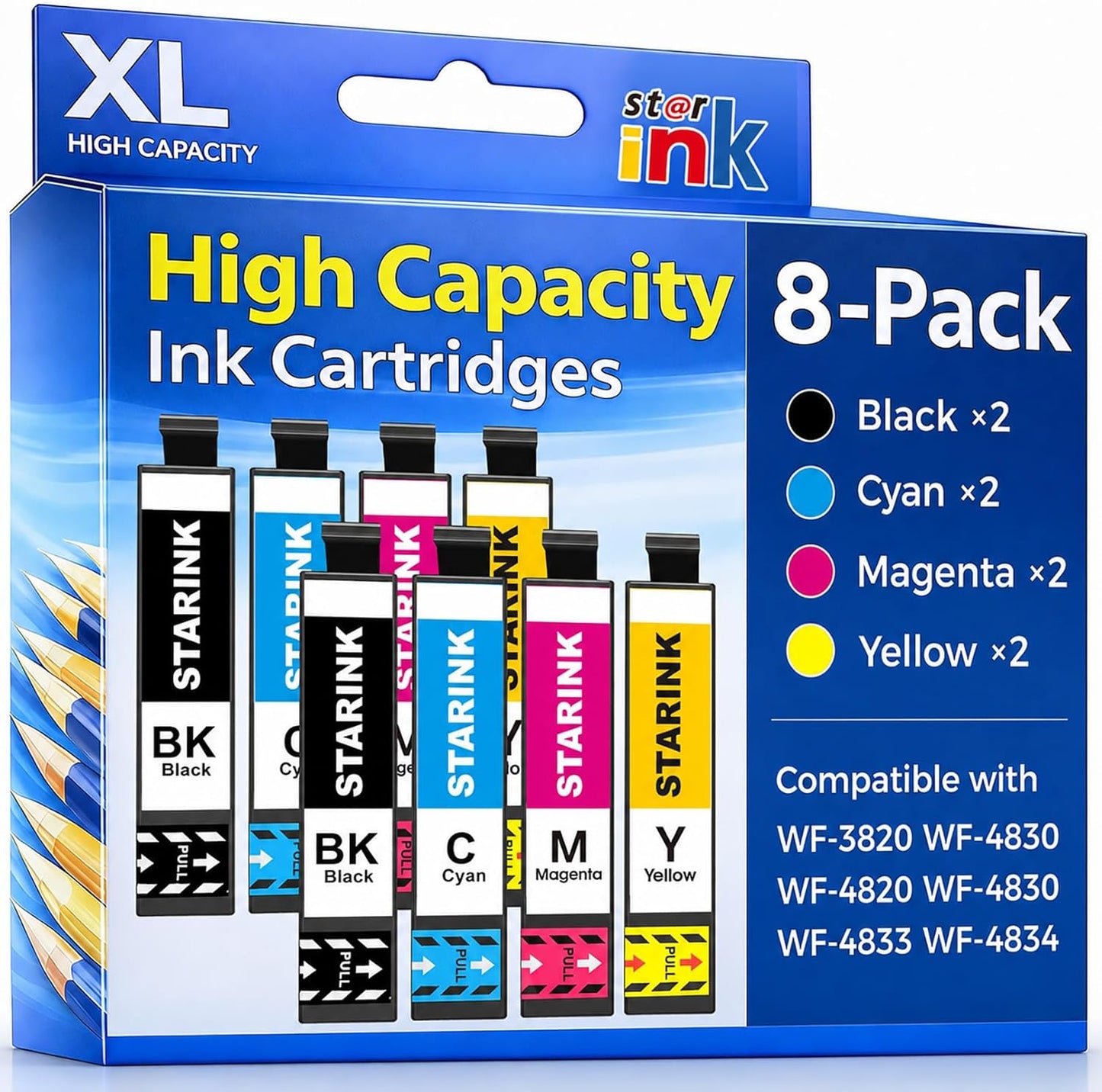 Starink Remanufactured Ink Replacement for Epson 822XL 822 Ink Cartridges Compatible with Epson Workforce Pro WF-3820 WF-3823 WF-4833 WF-4820 WF-4830 WF-4834 Printer High Yield & Latest Chip 8 Packs