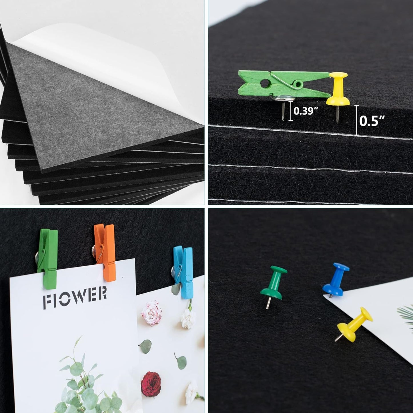 AKTOP Black Cork Bulletin Board 12x12, 1/2" Thick Felt Cork Board Tiles 12 Pack, Small Square Pin Board for Wall, Self Adhesive Corkboards with 120 Push Pin Wood Clips for School, Home & Office - Lumora Desk