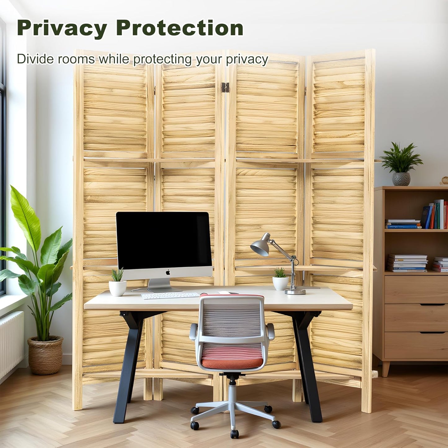NicBex 4 Panel Room Divider,5.6FT Wood Carved Room Dividers with Display Shelves Folding Privacy Screens Portable Freestanding Partition Wall Dividers for Room Separation, Bedroom Office,Natural Wood - Lumora Desk